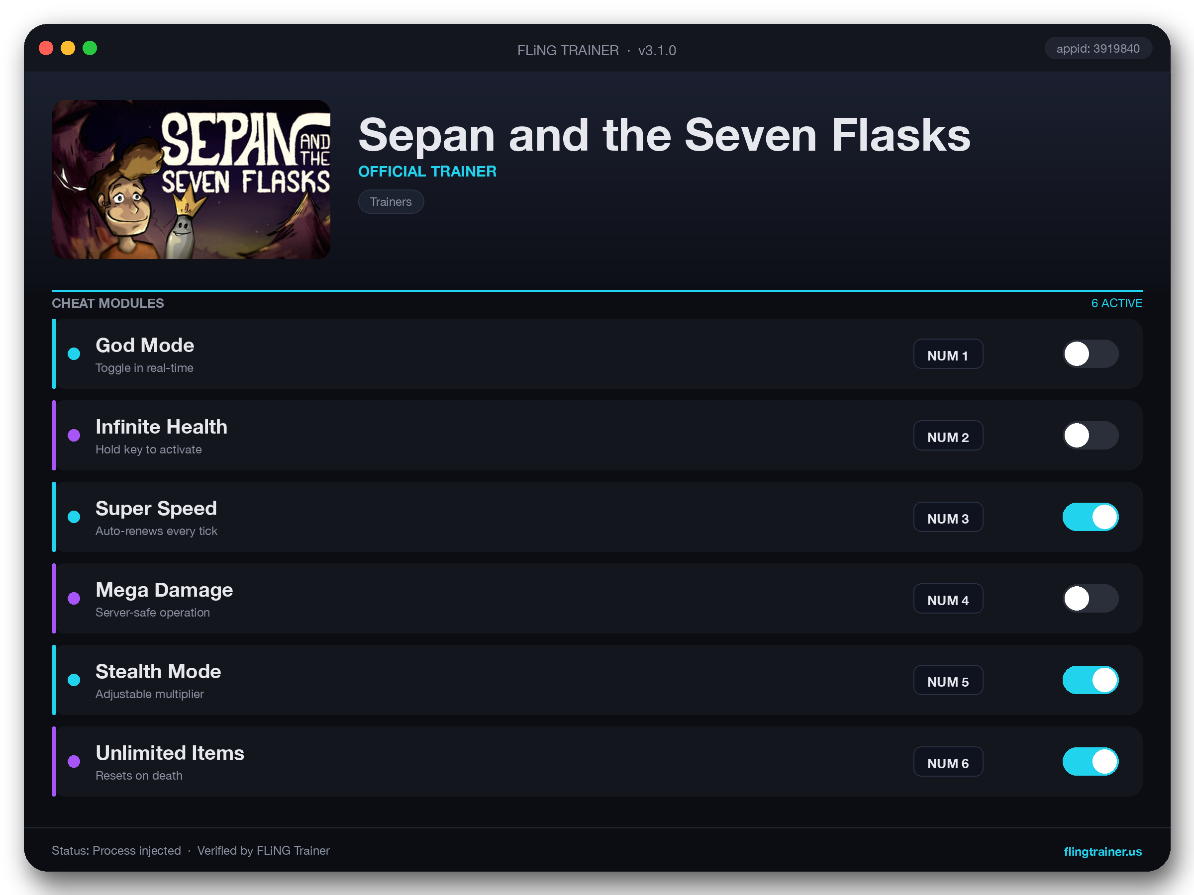 Sepan and the Seven Flasks Trainer interface