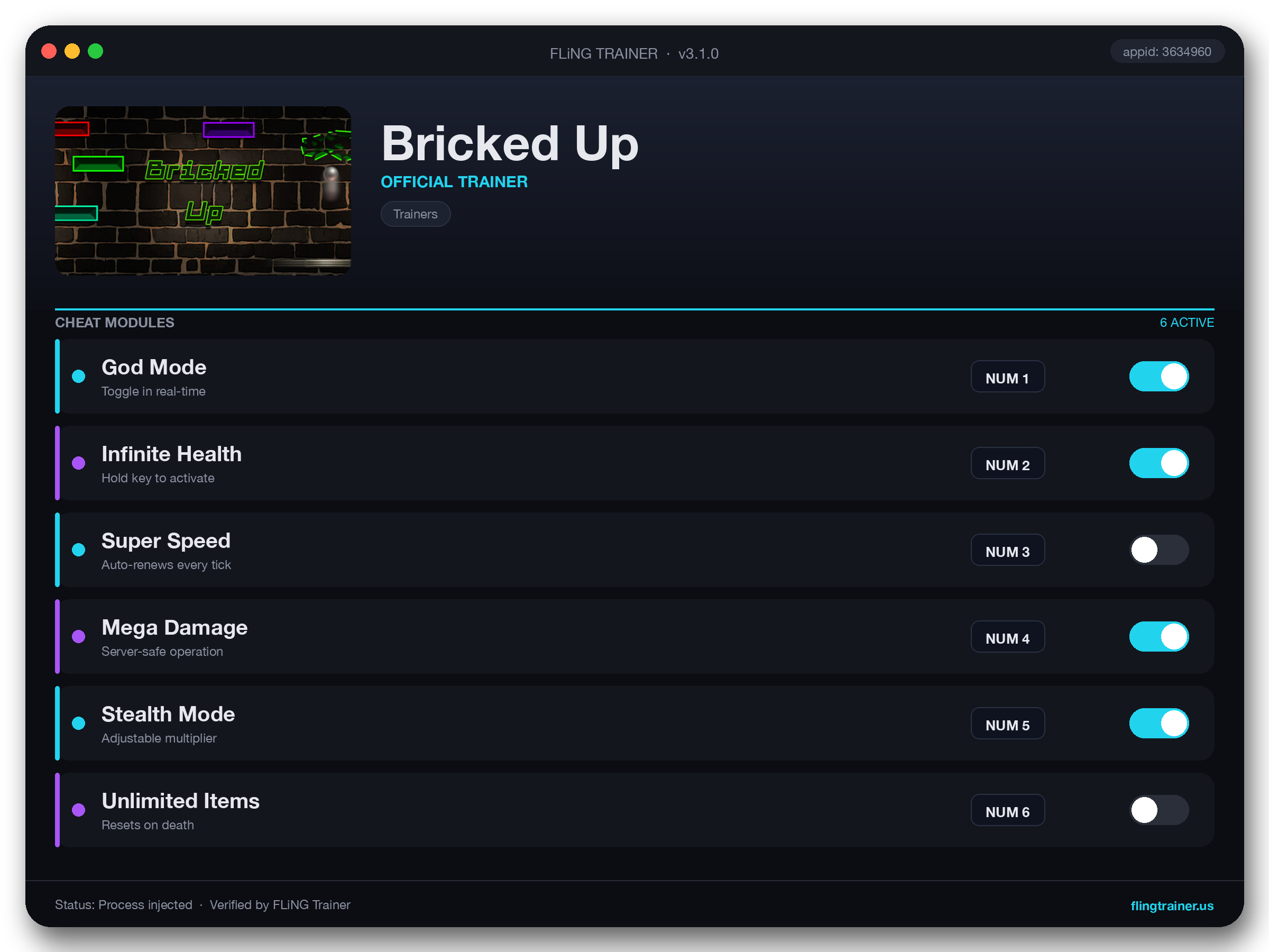 Bricked Up Trainer interface