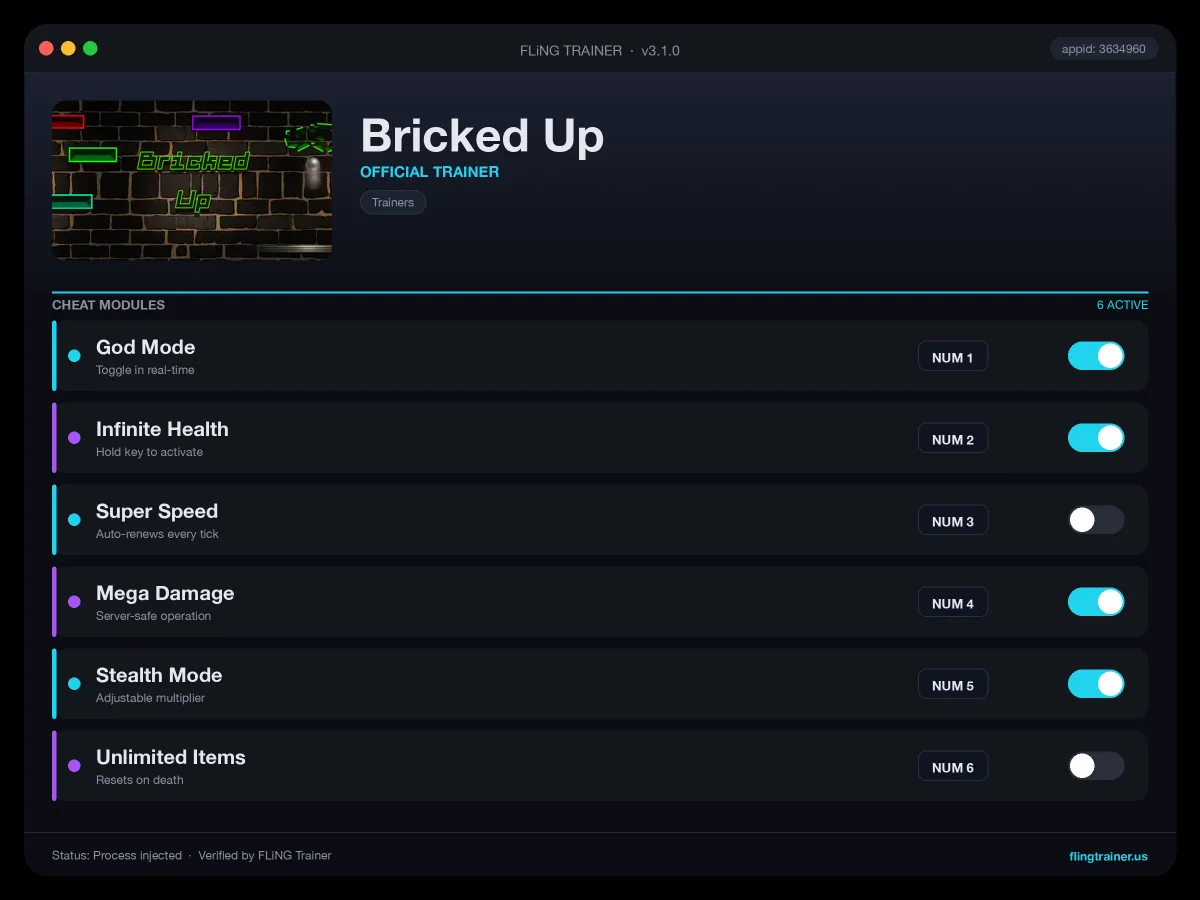 Bricked Up Trainer interface