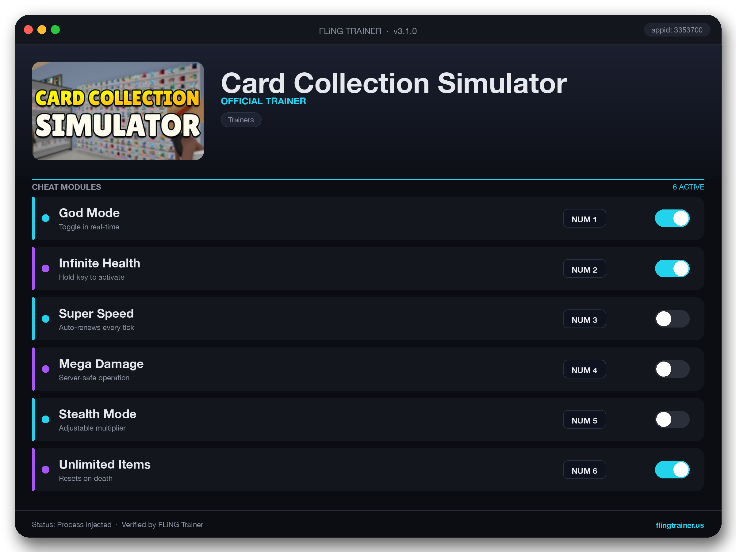Card Collection Simulator Trainer interface