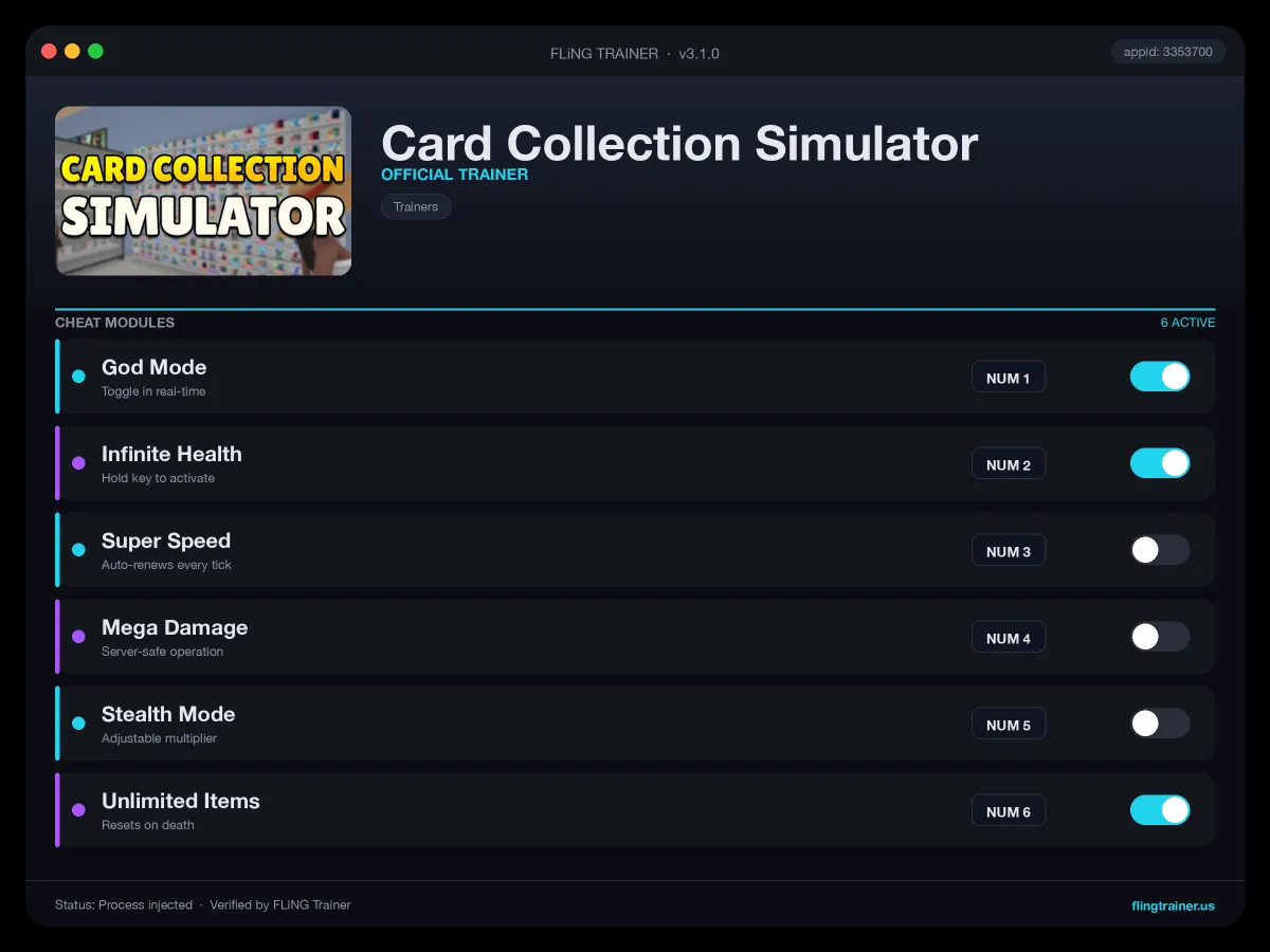 Card Collection Simulator Trainer interface