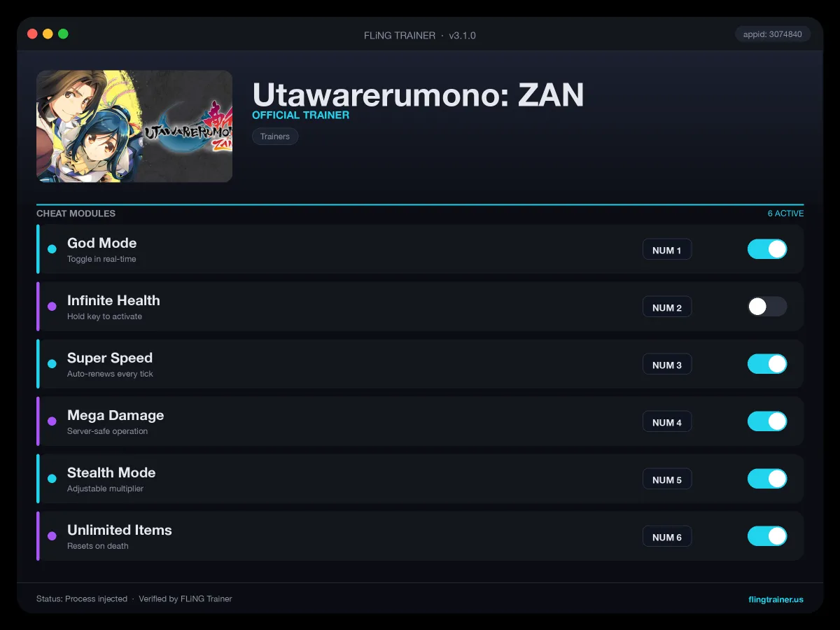 Utawarerumono: ZAN Trainer interface