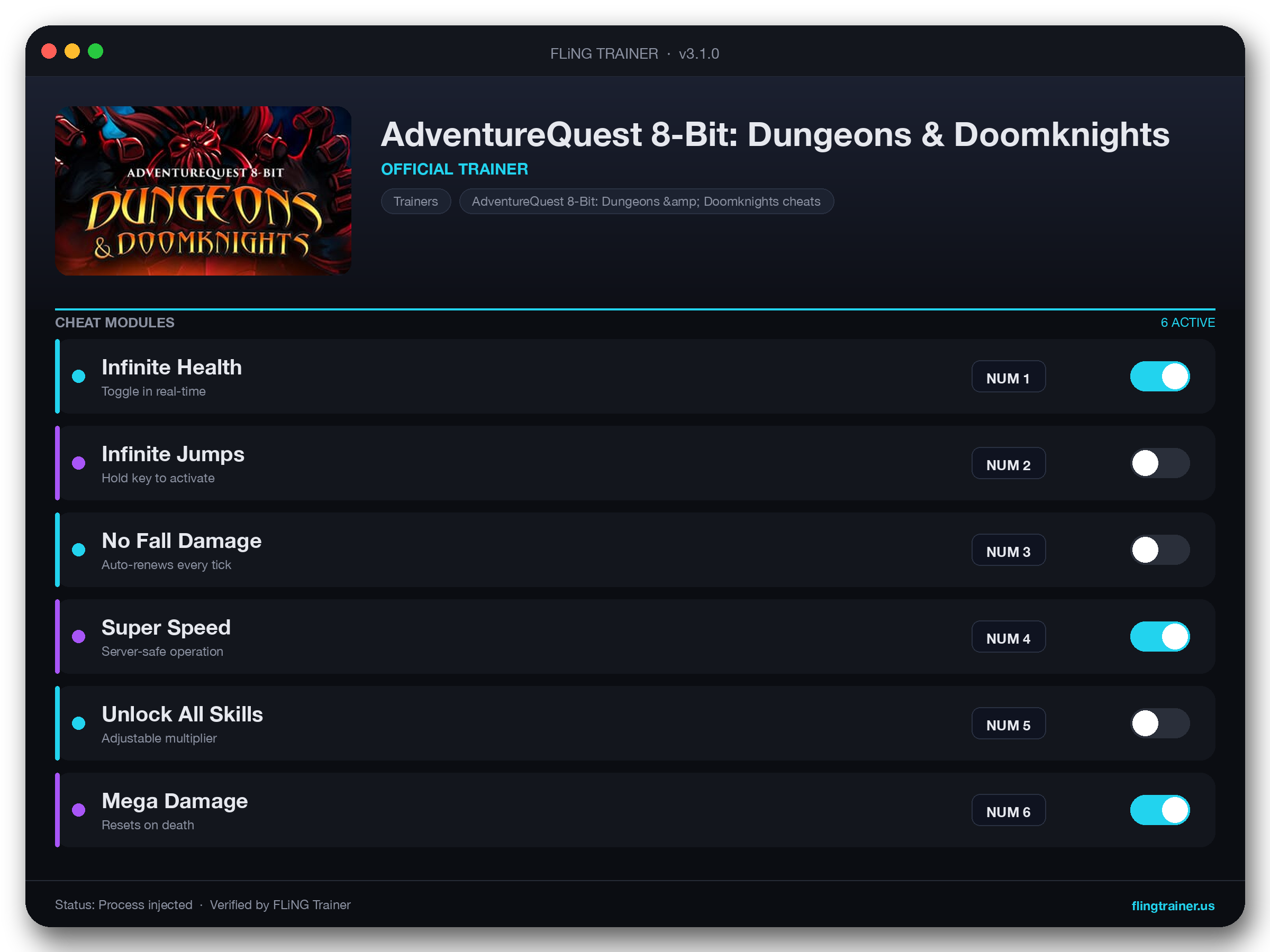 AdventureQuest 8-Bit: Dungeons & Doomknights Trainer interface