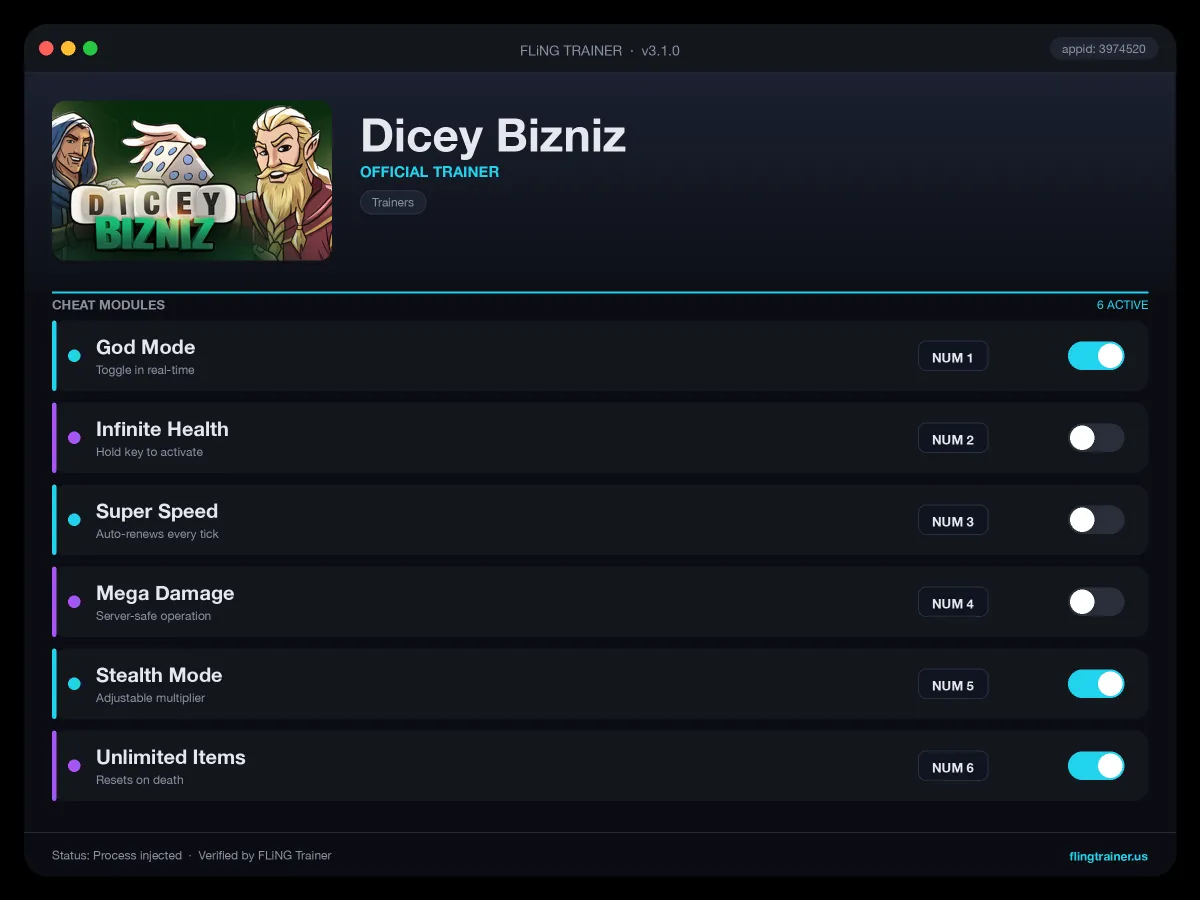Dicey Bizniz Trainer interface