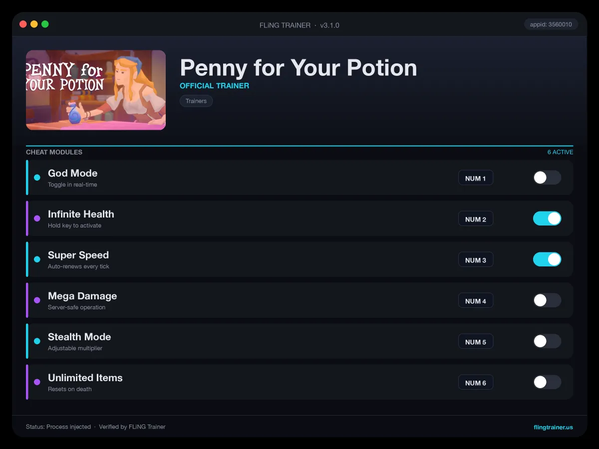 Penny for Your Potion Trainer interface