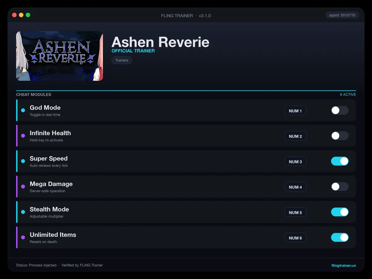 Ashen Reverie Trainer interface