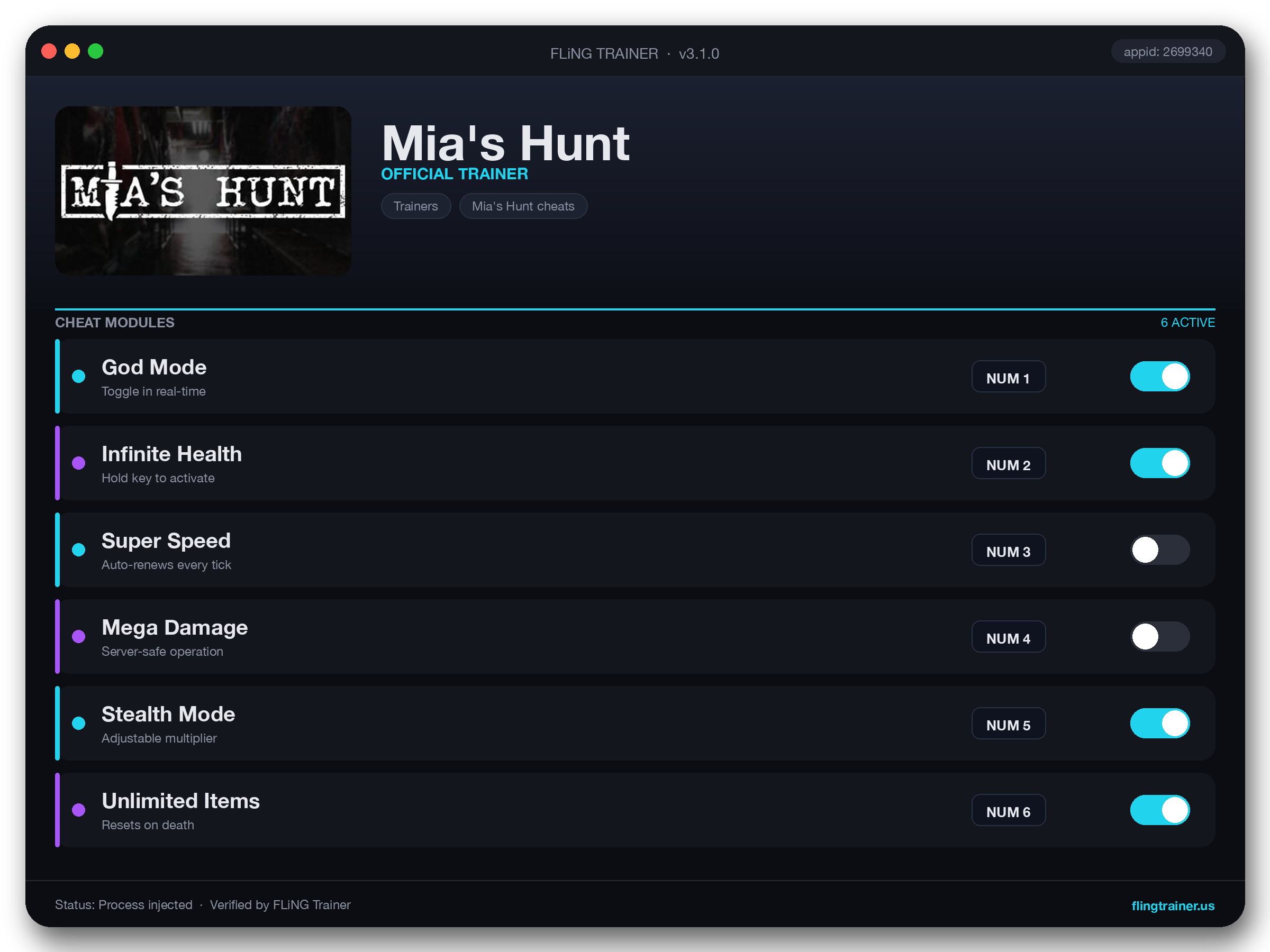 Mia's Hunt Trainer interface