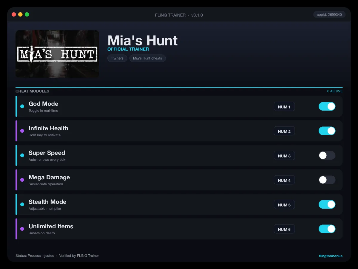 Mia's Hunt Trainer interface