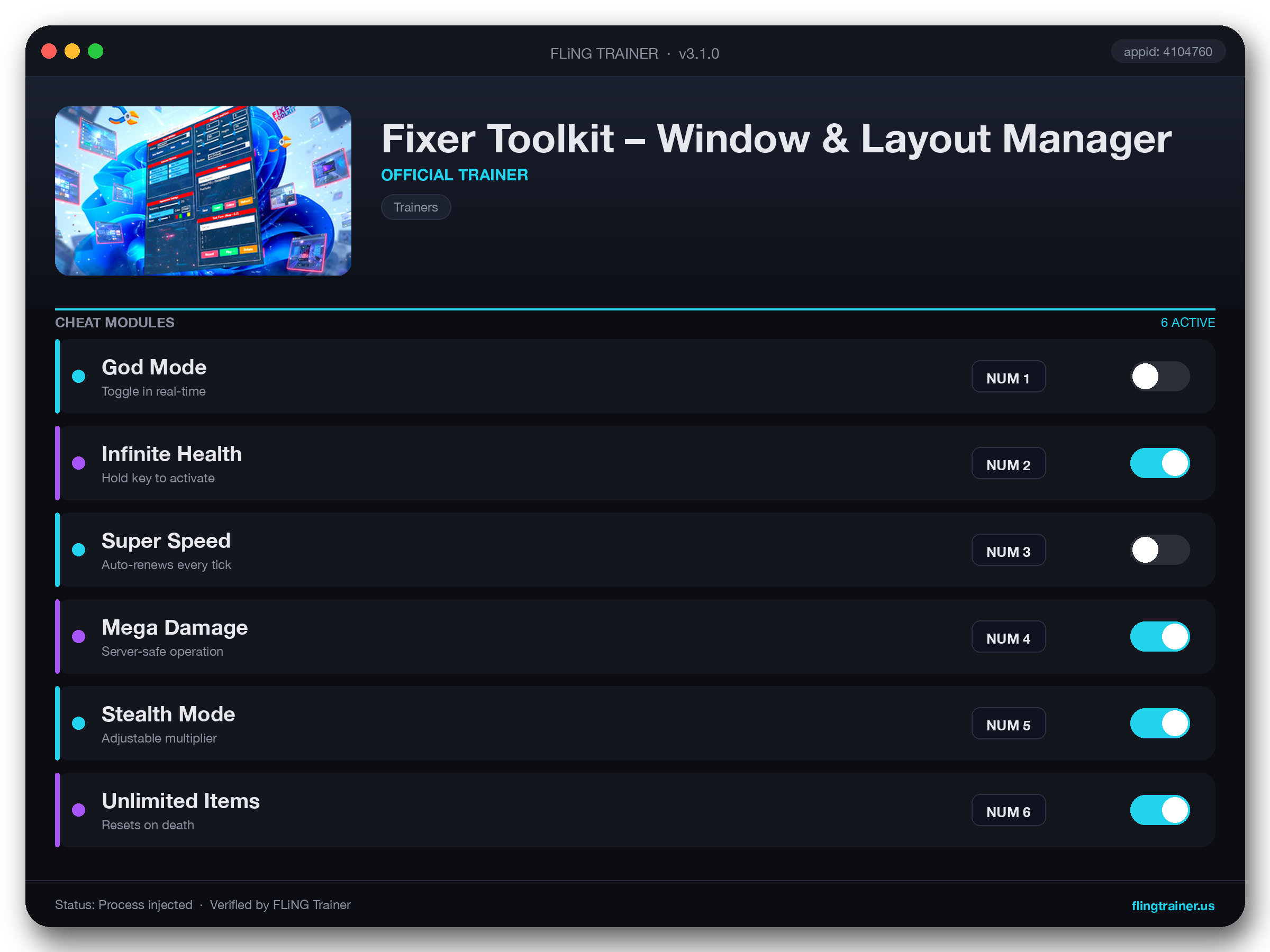 Fixer Toolkit – Window & Layout Manager Trainer interface