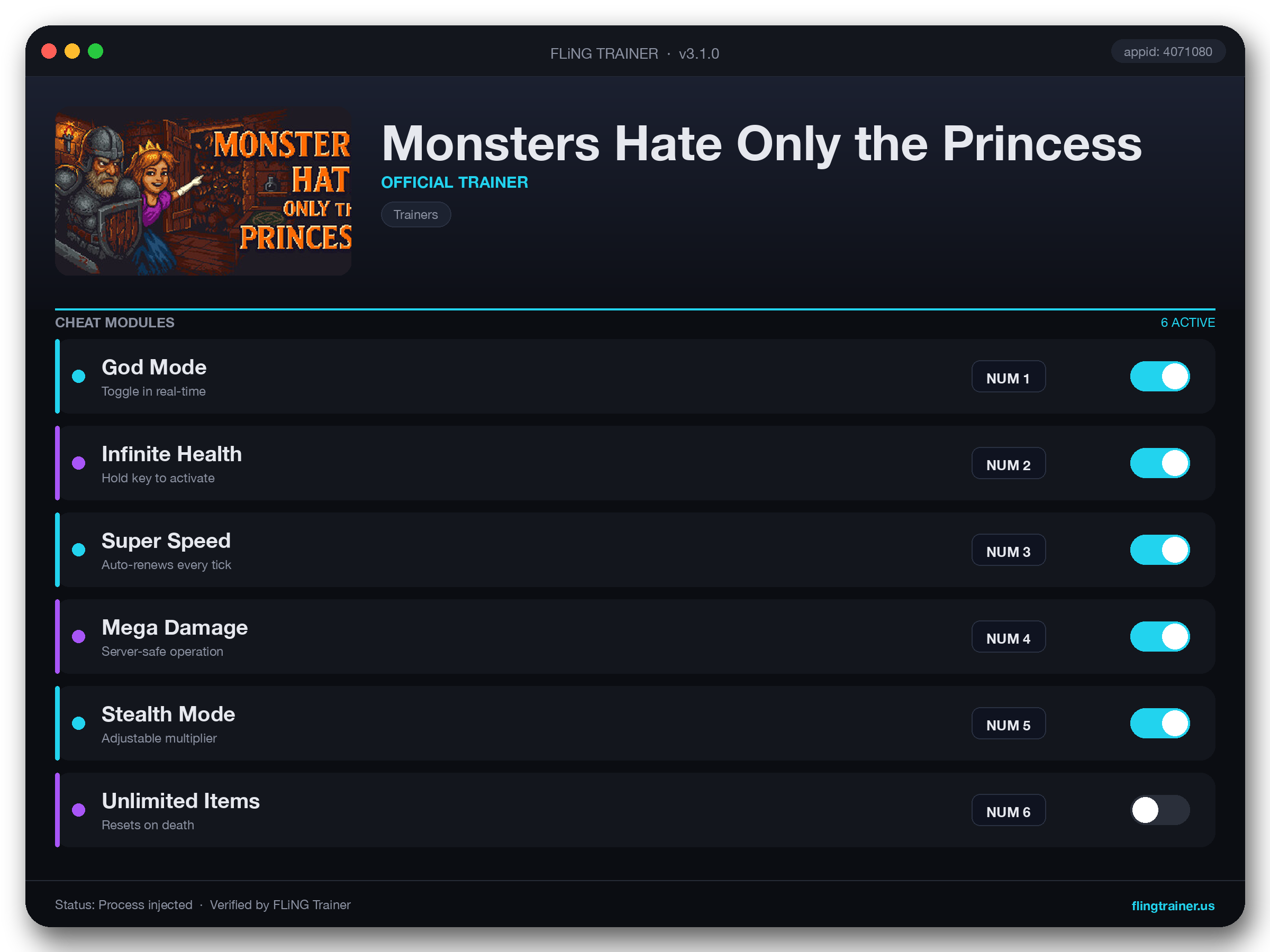 Monsters Hate Only the Princess Trainer interface