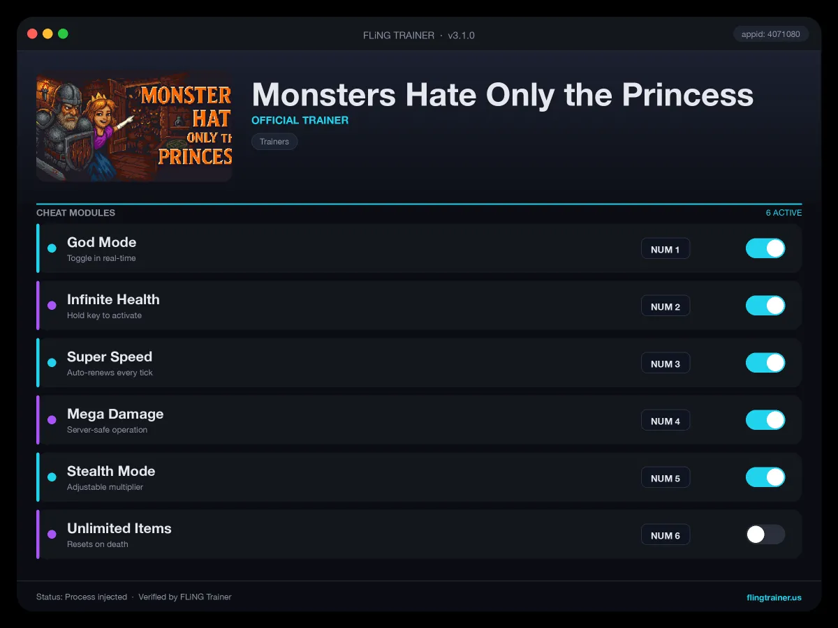 Monsters Hate Only the Princess Trainer interface