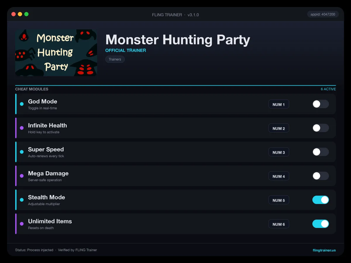 Monster Hunting Party Trainer interface