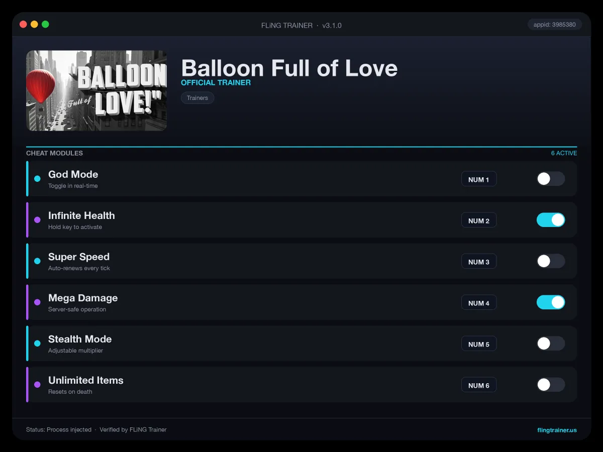 Balloon Full of Love Trainer interface