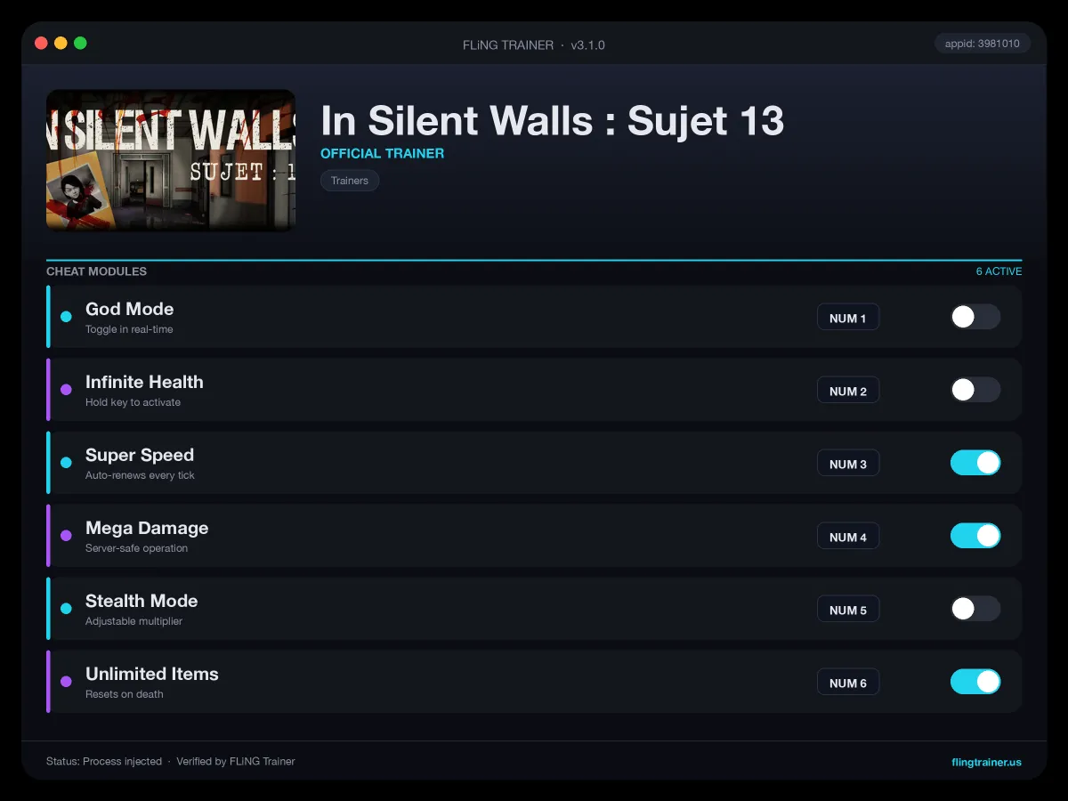 In Silent Walls : Sujet 13 Trainer interface