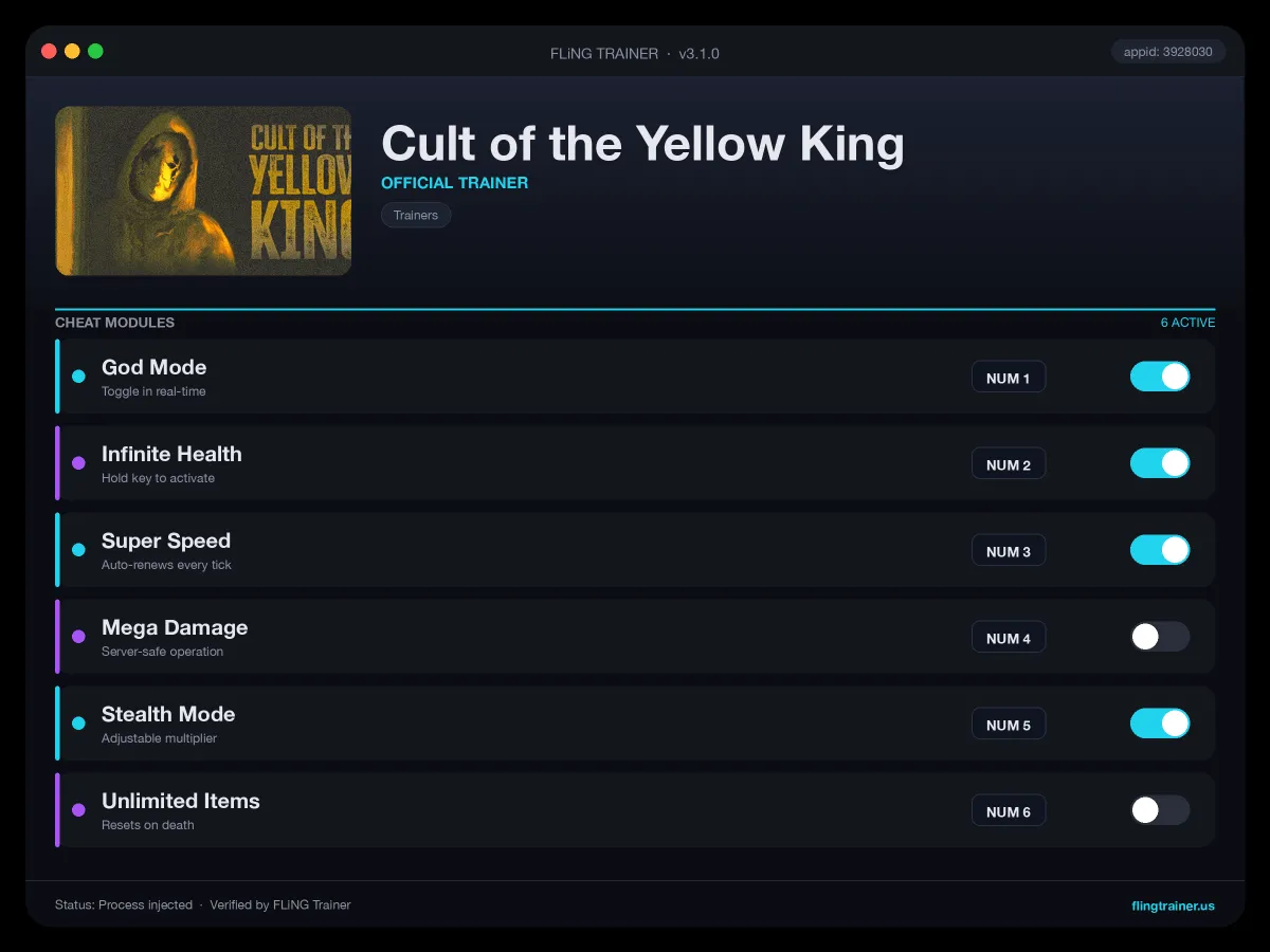Cult of the Yellow King Trainer interface