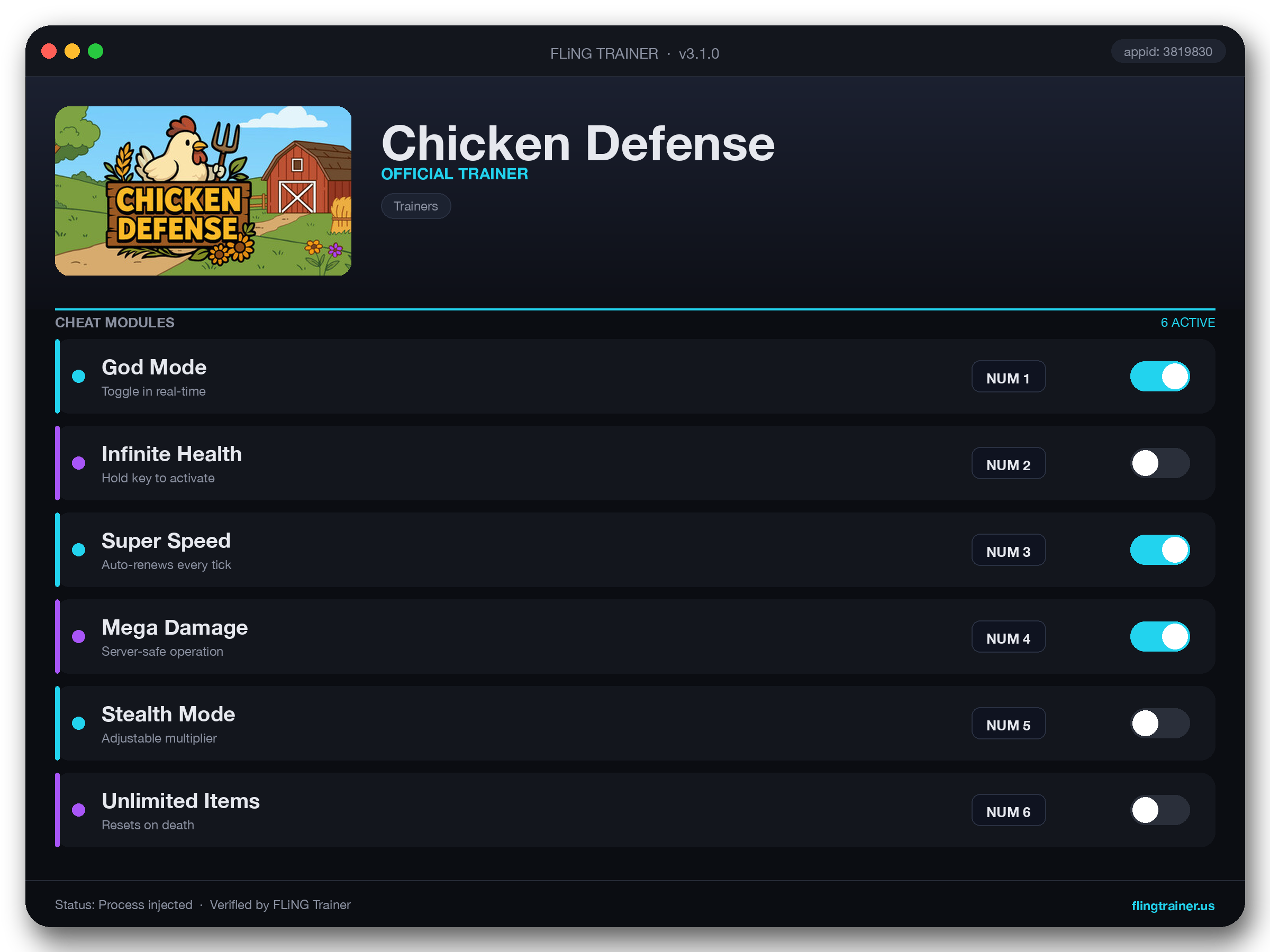 Chicken Defense Trainer interface