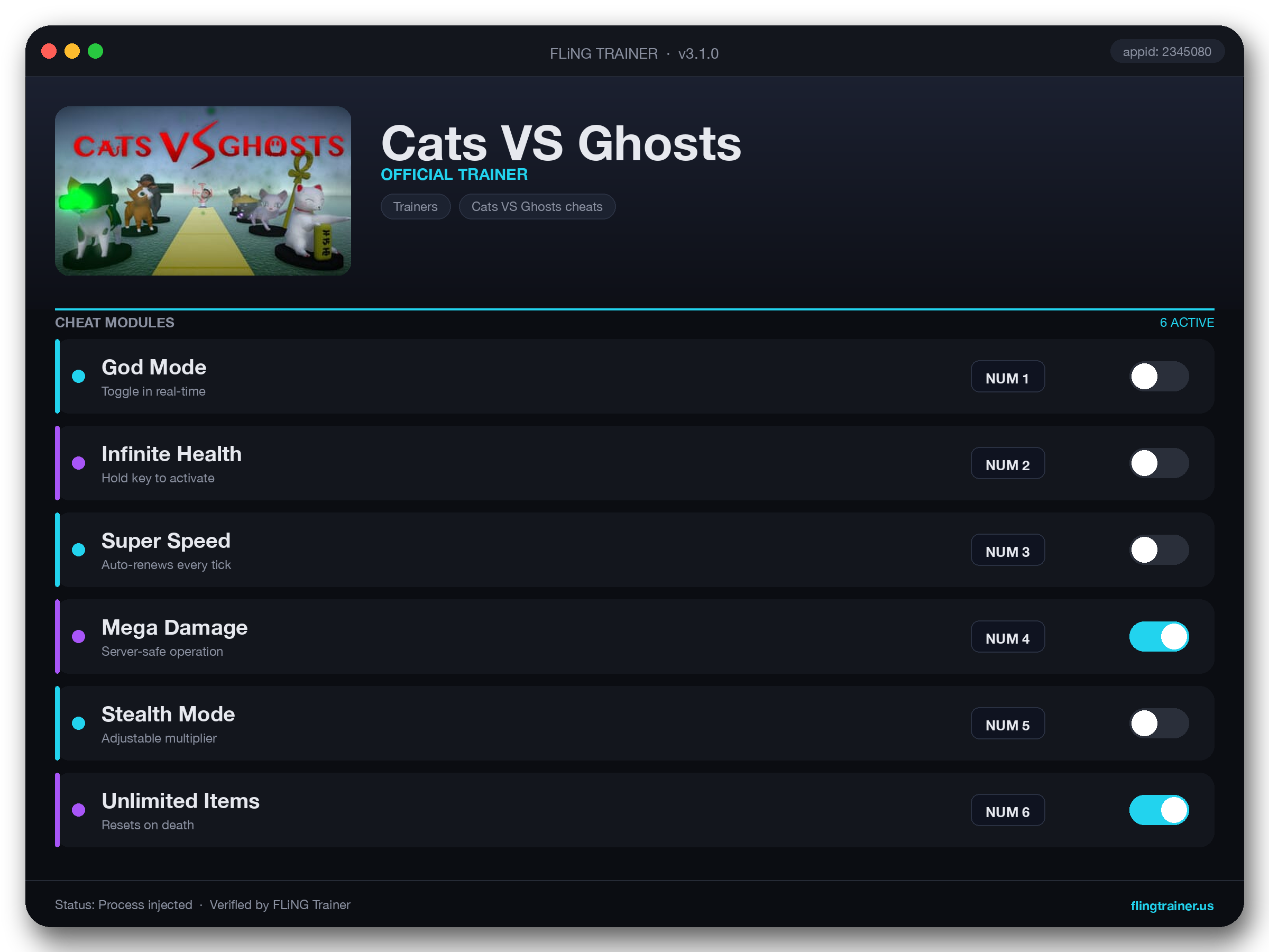 Cats VS Ghosts Trainer interface