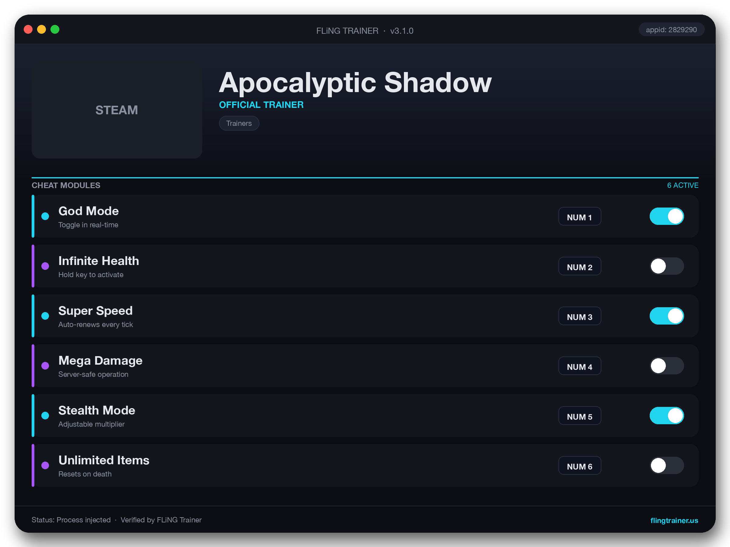 Apocalyptic Shadow Trainer interface