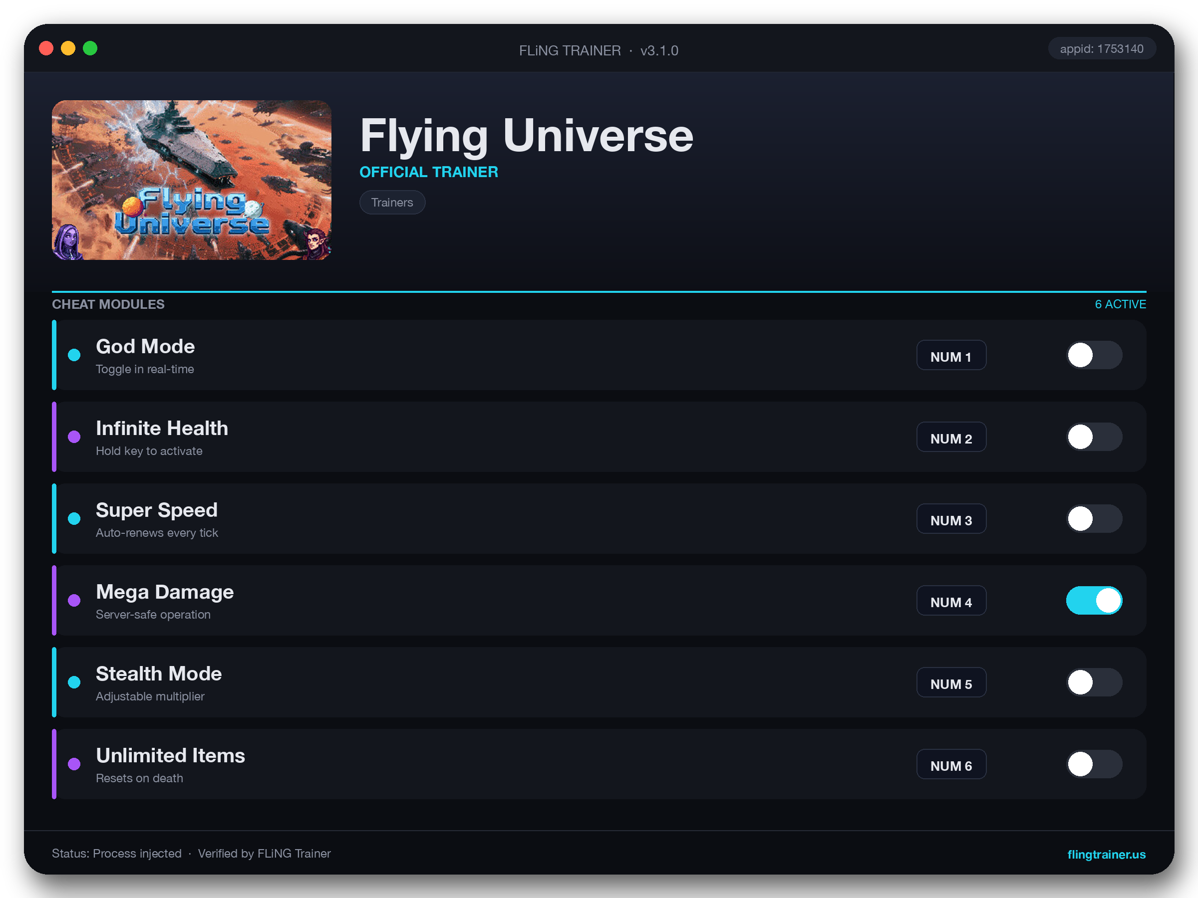 Flying Universe Trainer interface