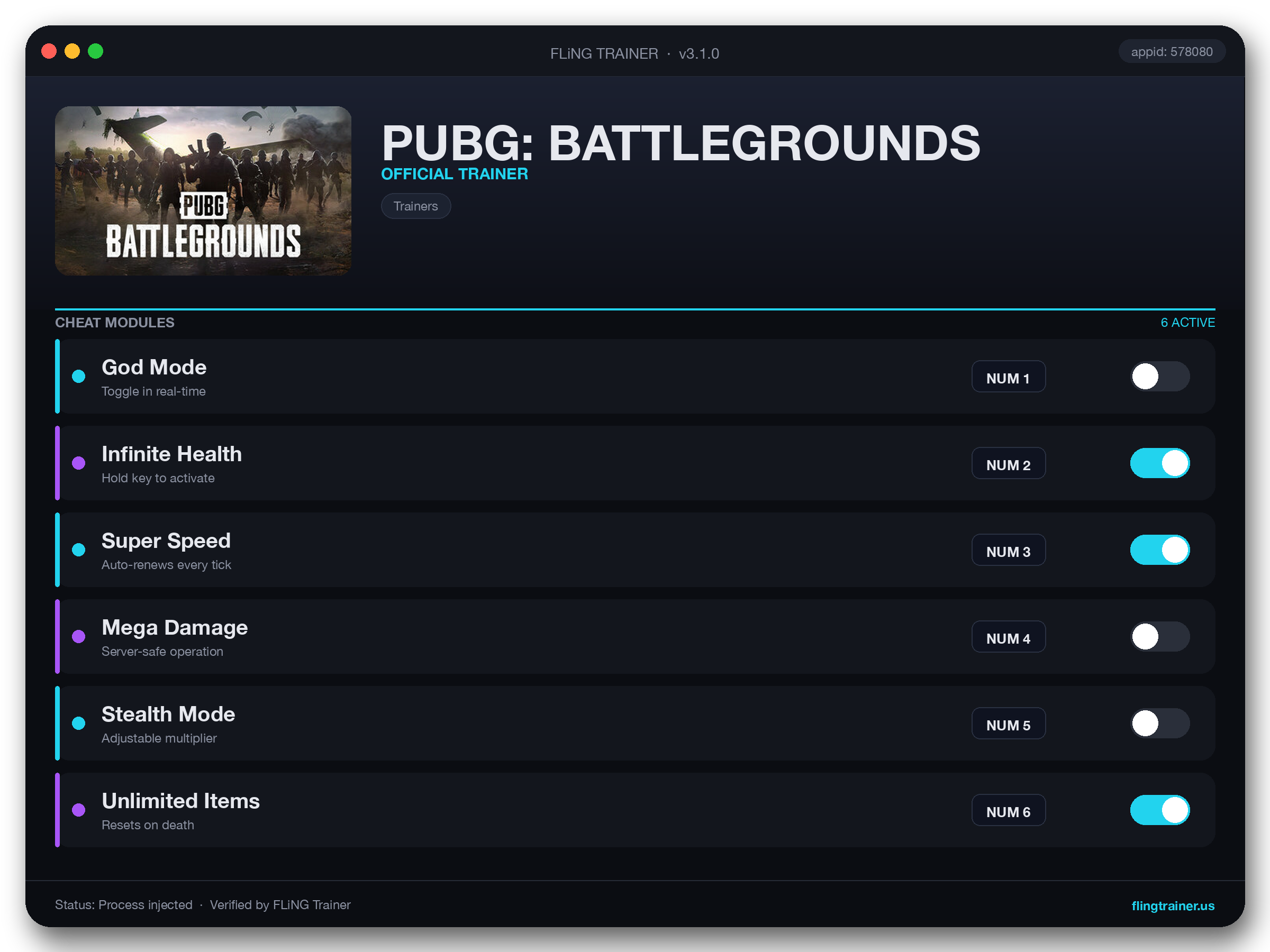 PUBG: BATTLEGROUNDS Trainer interface