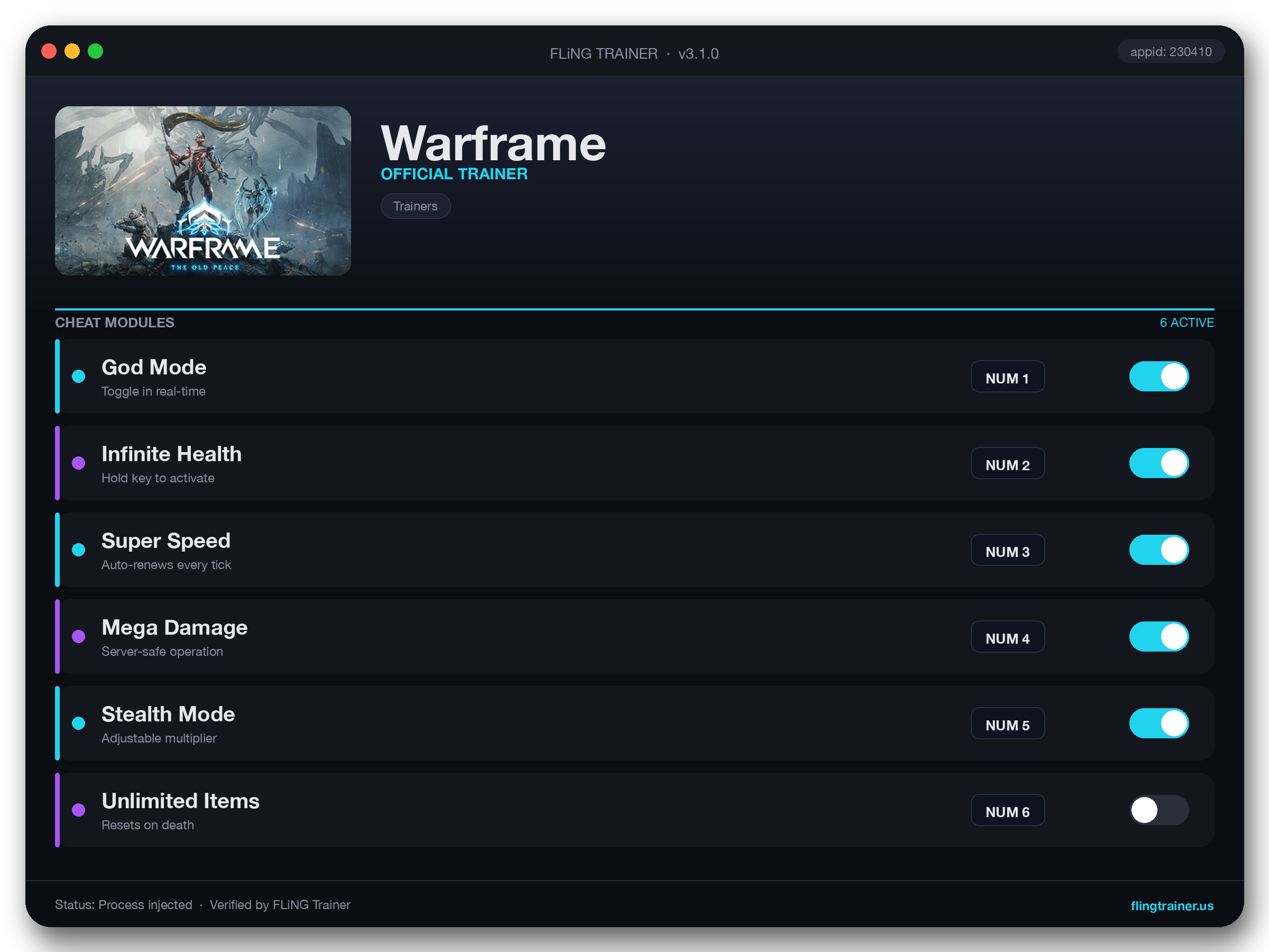 Warframe Trainer interface
