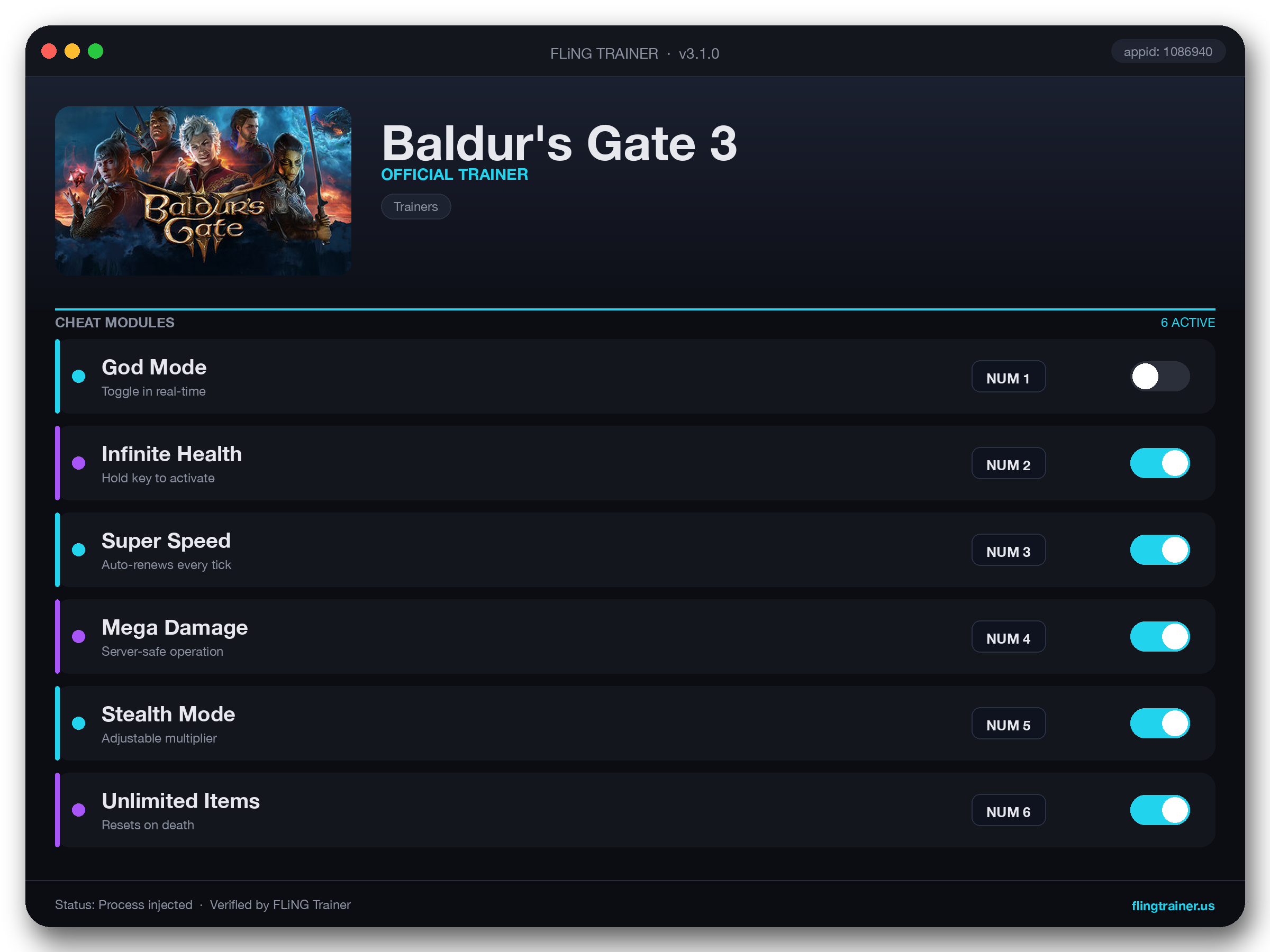 Baldur's Gate 3 Trainer interface