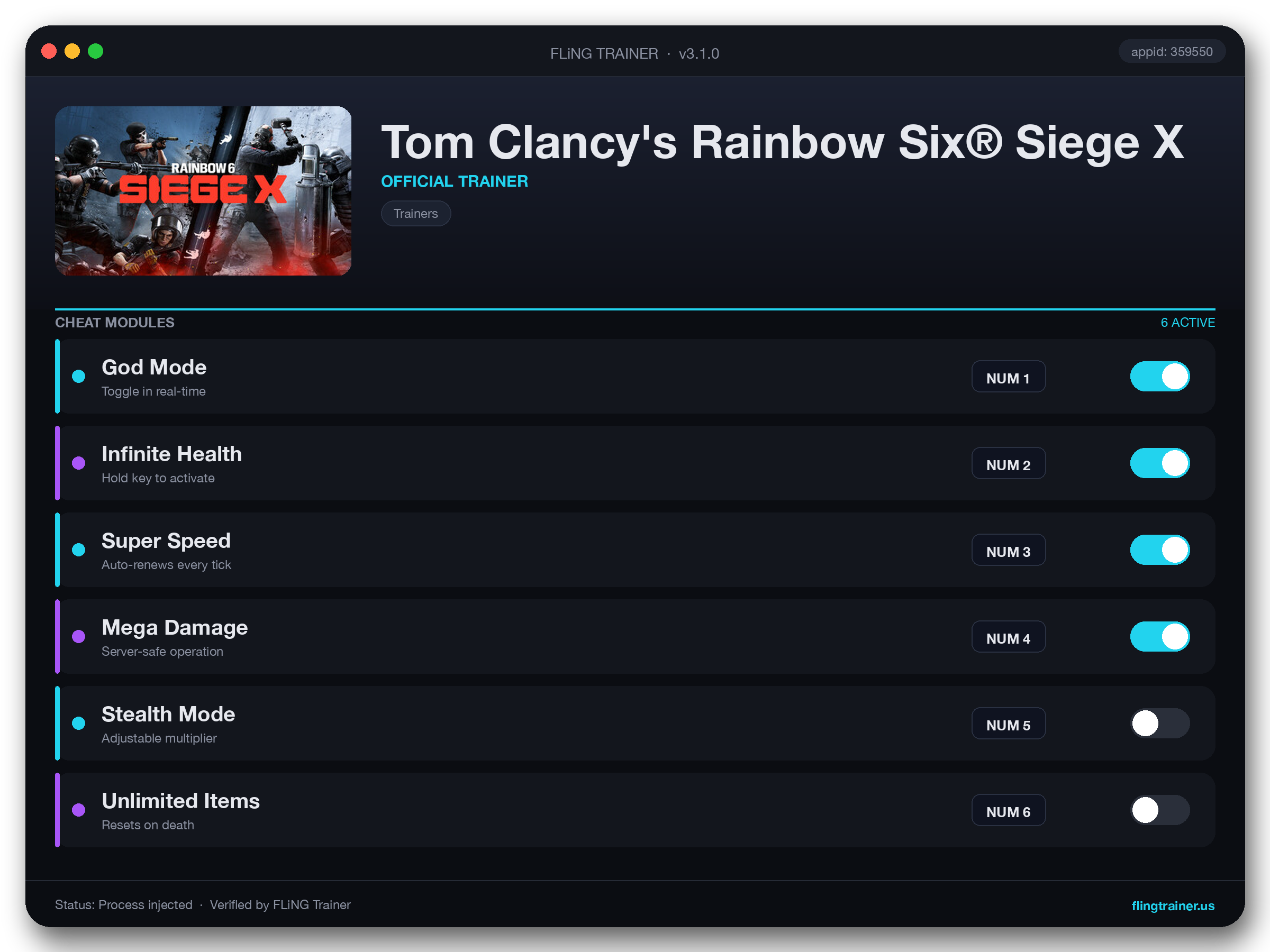 Tom Clancy's Rainbow Six® Siege X Trainer interface
