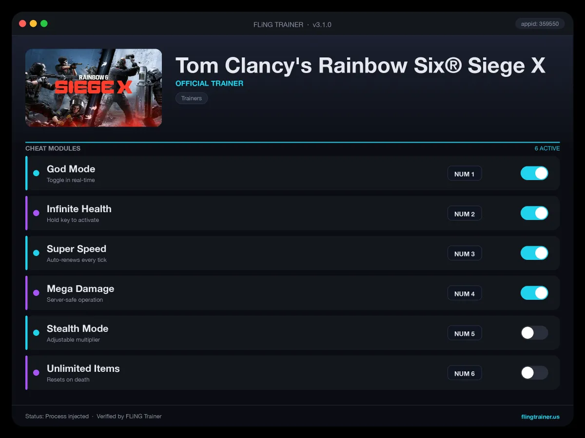 Tom Clancy's Rainbow Six® Siege X Trainer interface