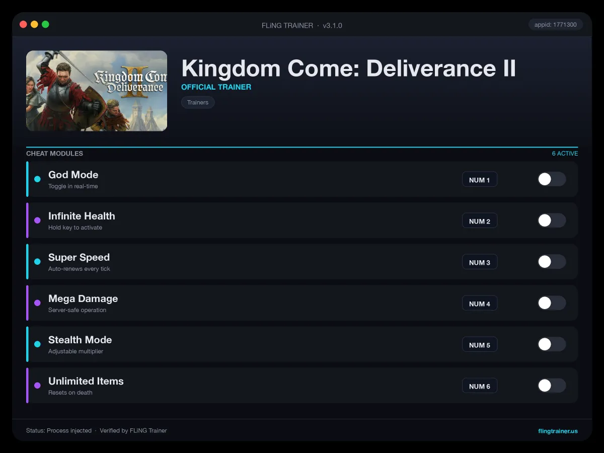 Kingdom Come: Deliverance II Trainer interface