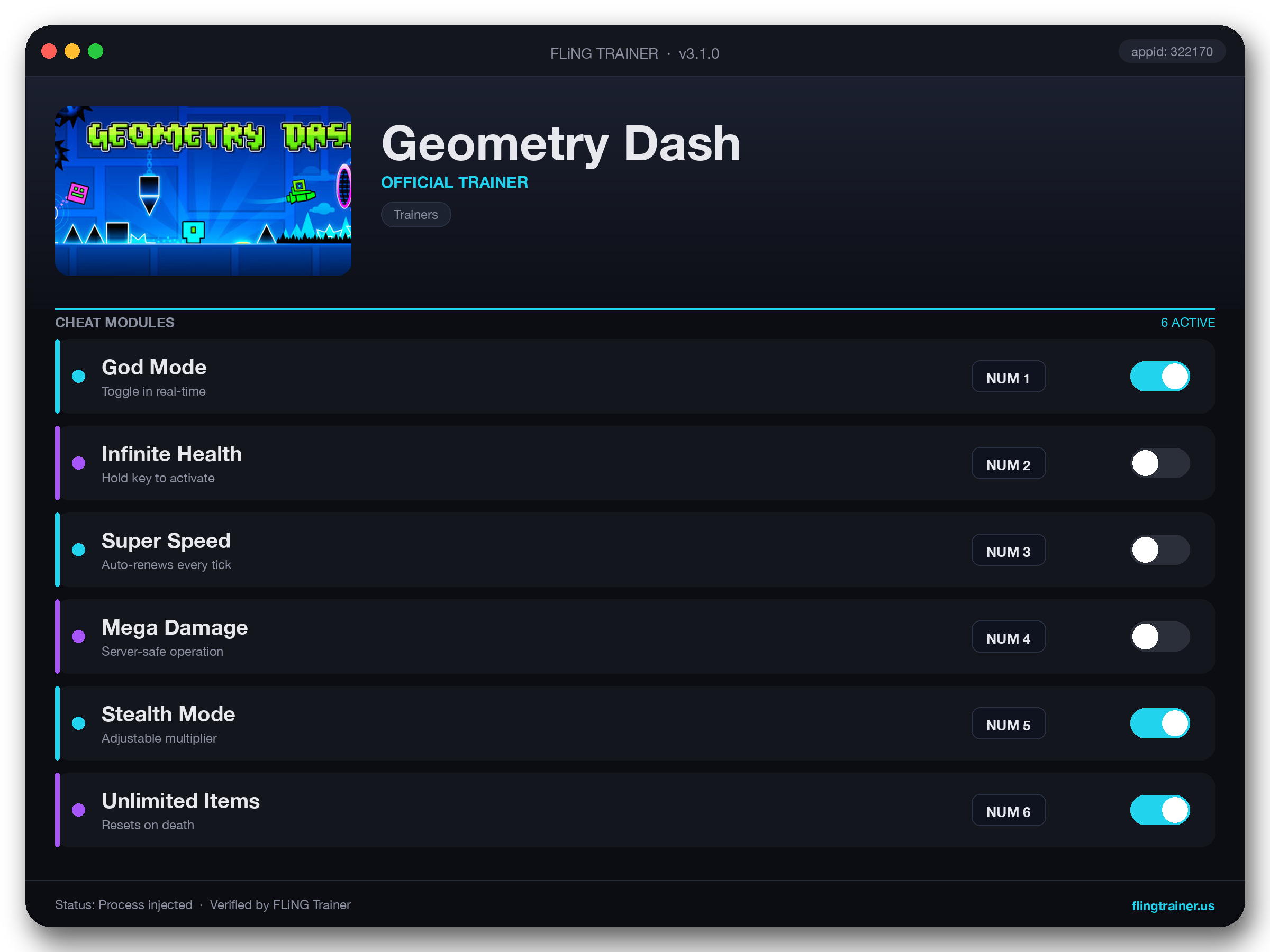 Geometry Dash Trainer interface