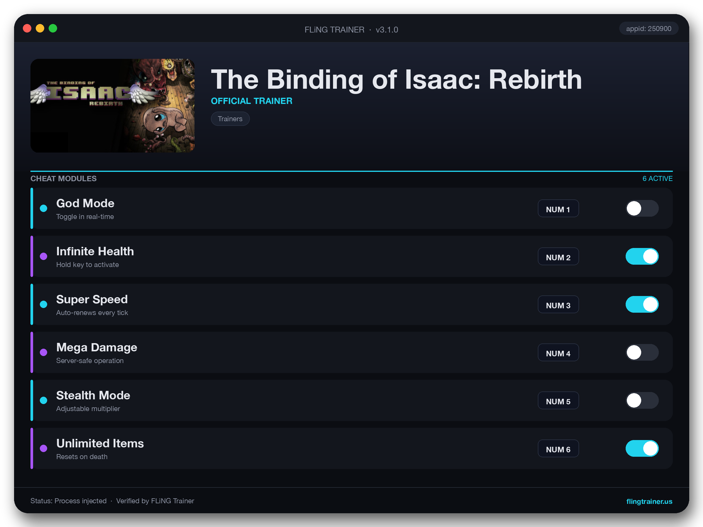 The Binding of Isaac: Rebirth Trainer interface
