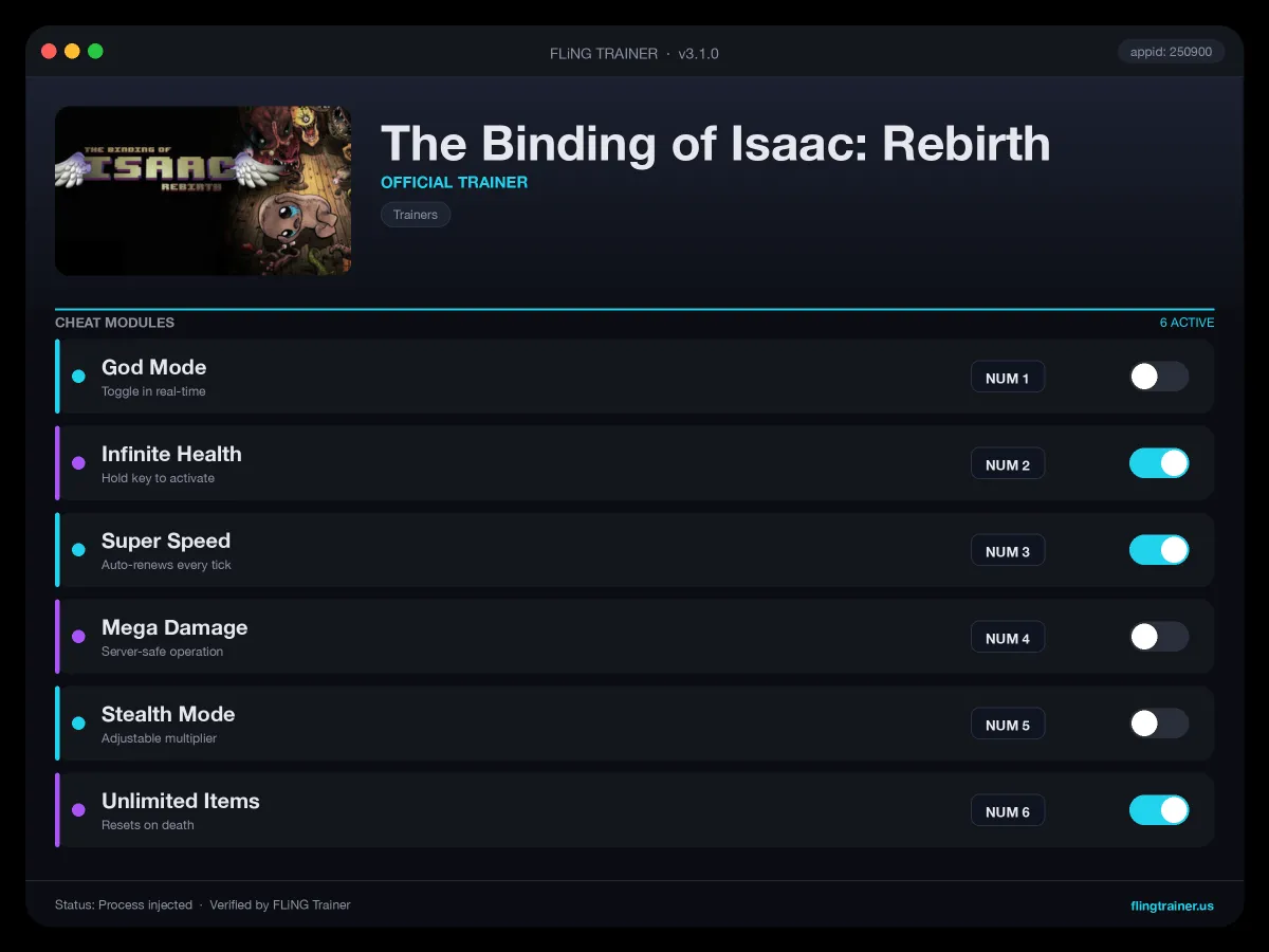 The Binding of Isaac: Rebirth Trainer interface