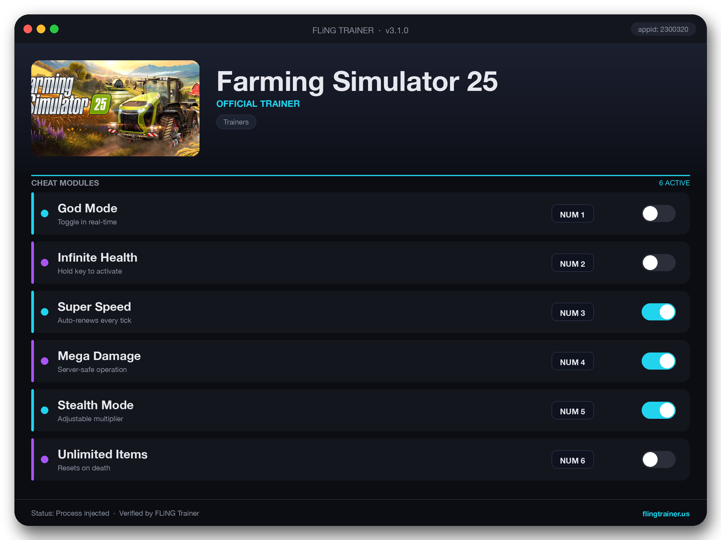 Farming Simulator 25 Trainer interface