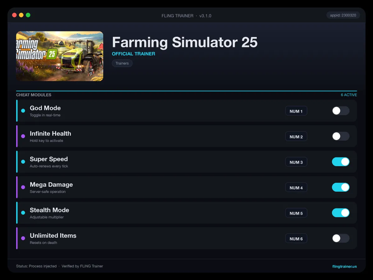 Farming Simulator 25 Trainer interface