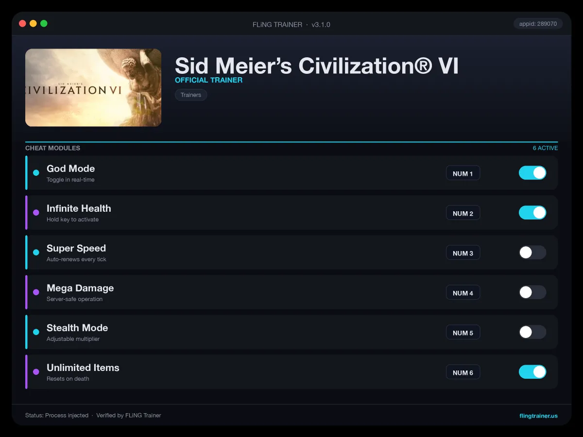 Sid Meier’s Civilization® VI Trainer interface