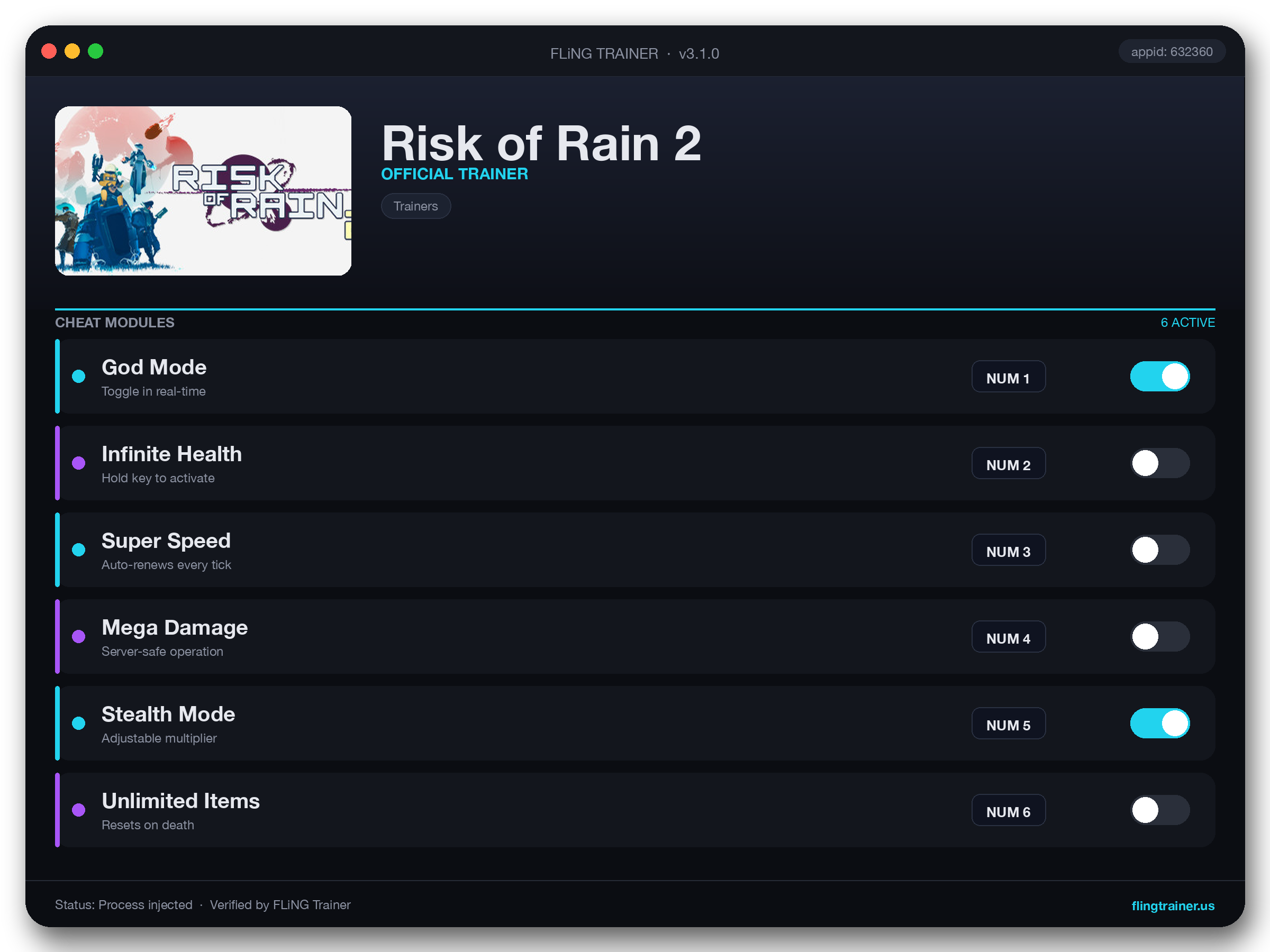 Risk of Rain 2 Trainer interface