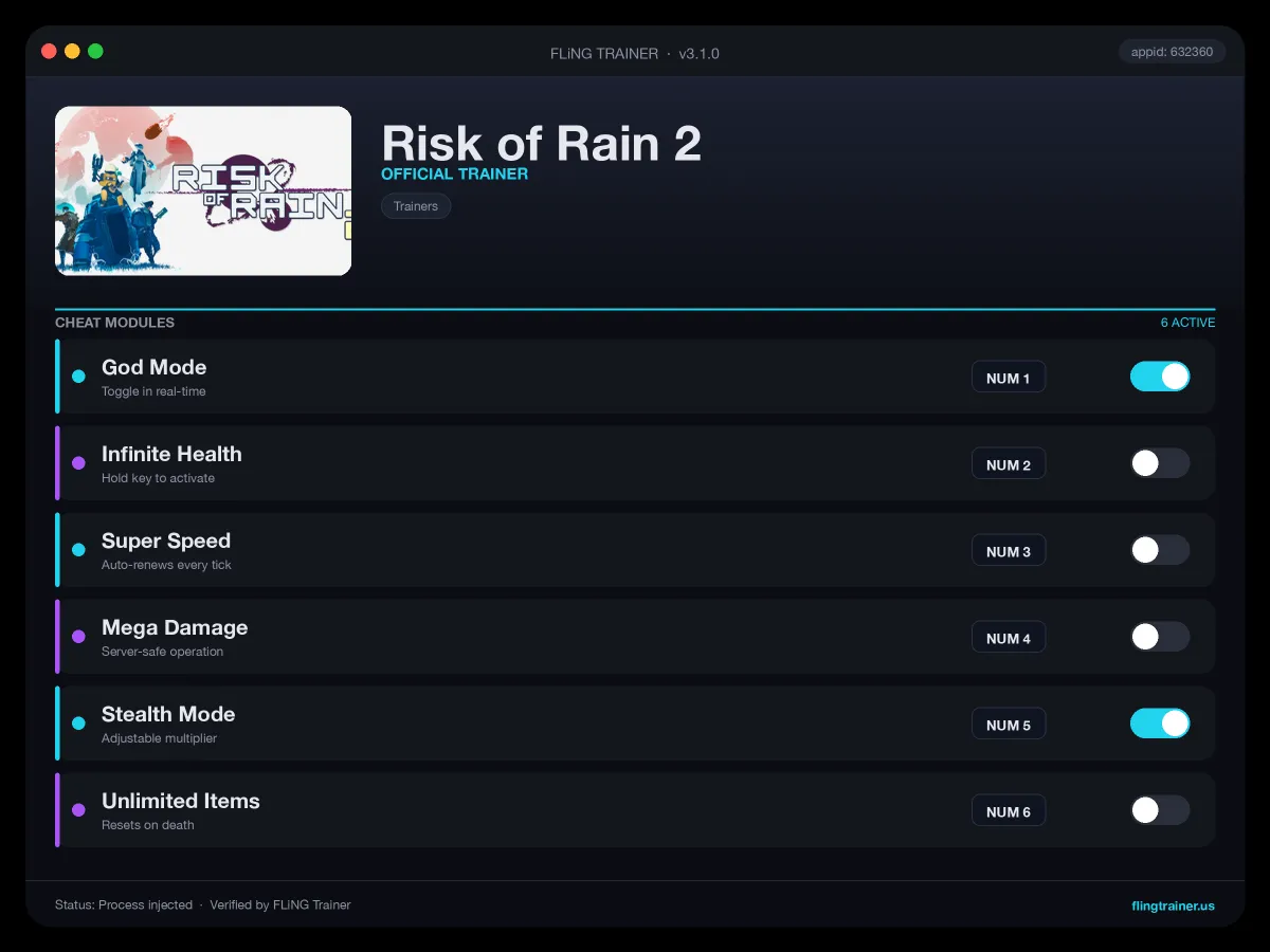 Risk of Rain 2 Trainer interface