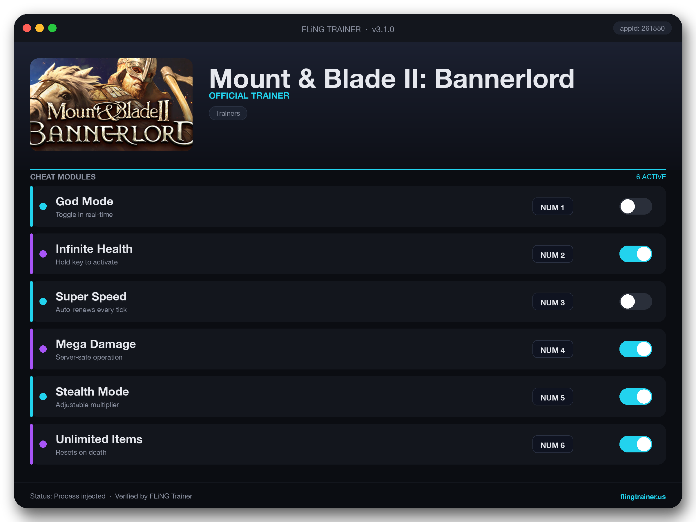 Mount & Blade II: Bannerlord Trainer interface