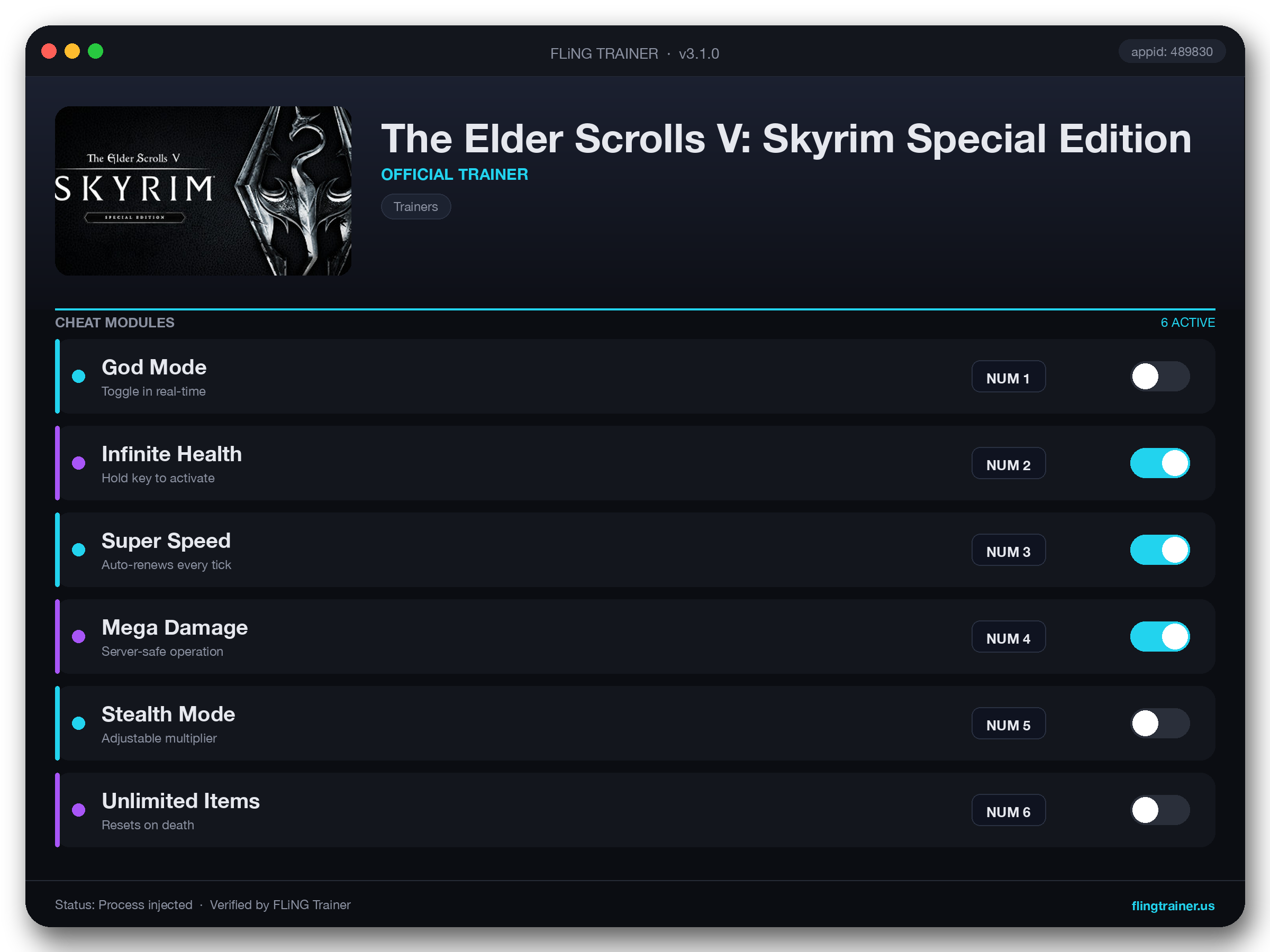 The Elder Scrolls V: Skyrim Special Edition Trainer interface