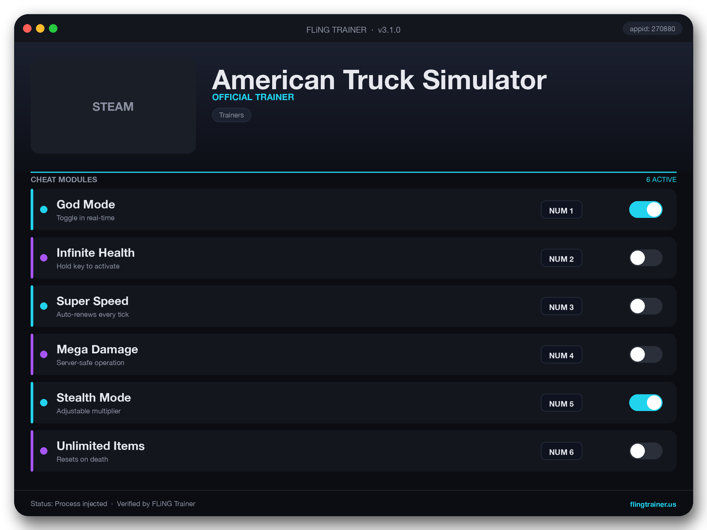 American Truck Simulator Trainer interface