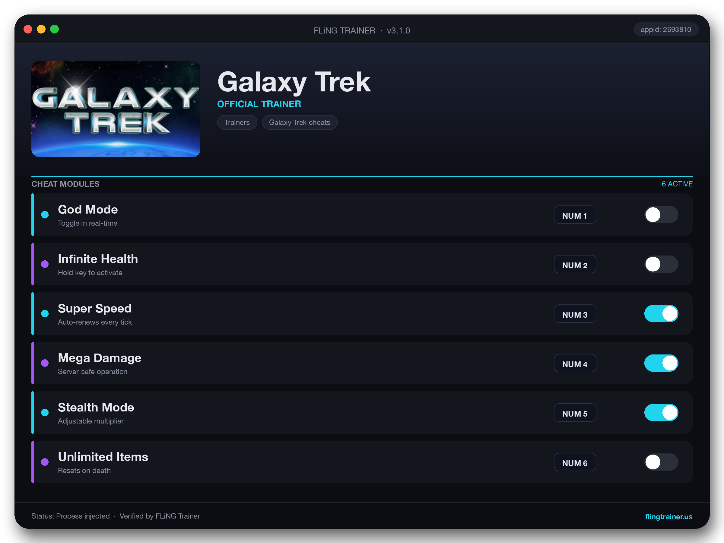 Galaxy Trek Trainer interface