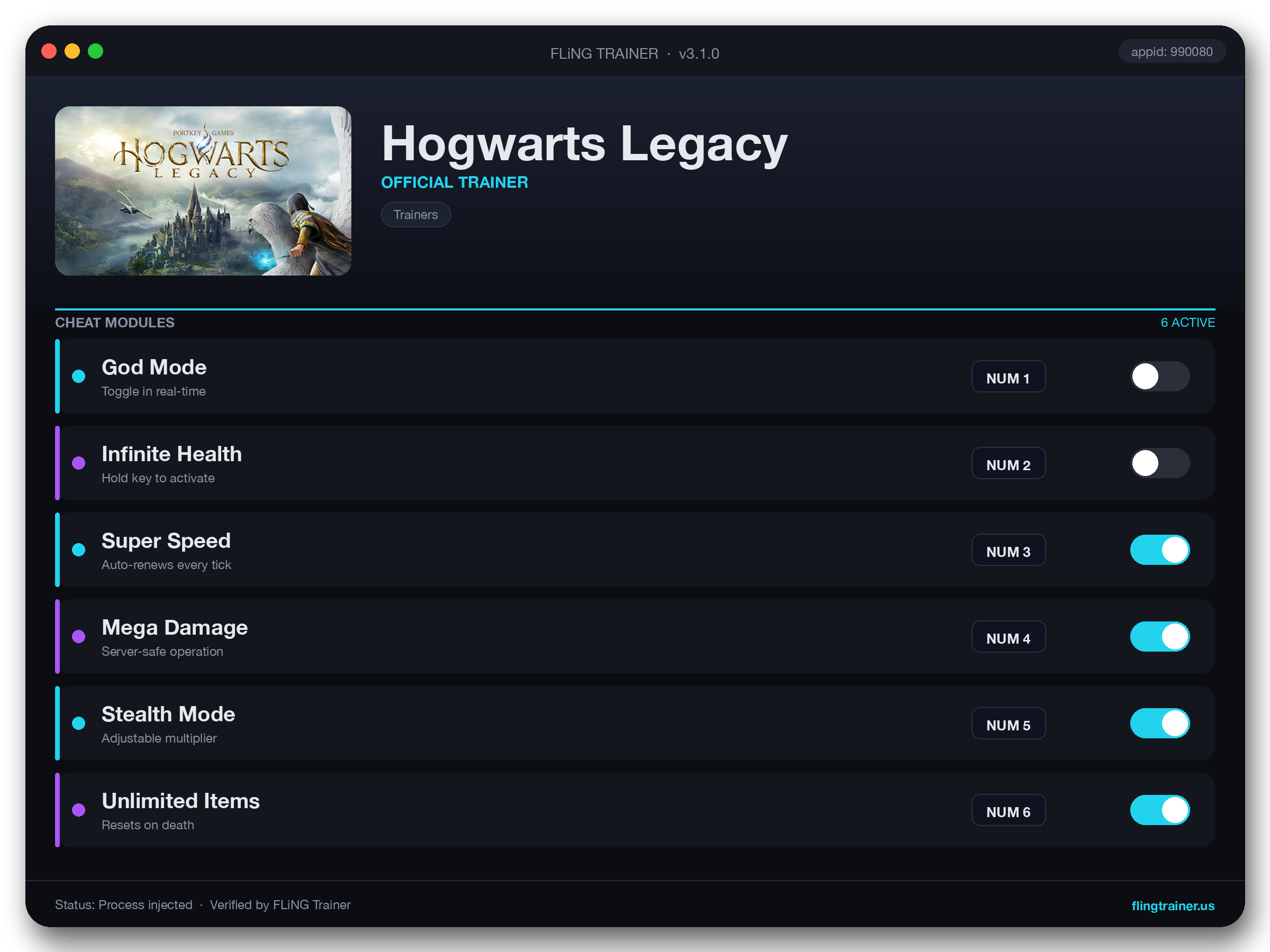 Hogwarts Legacy Trainer interface