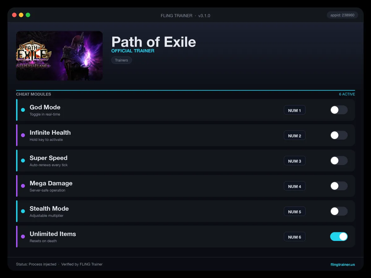 Path of Exile Trainer interface