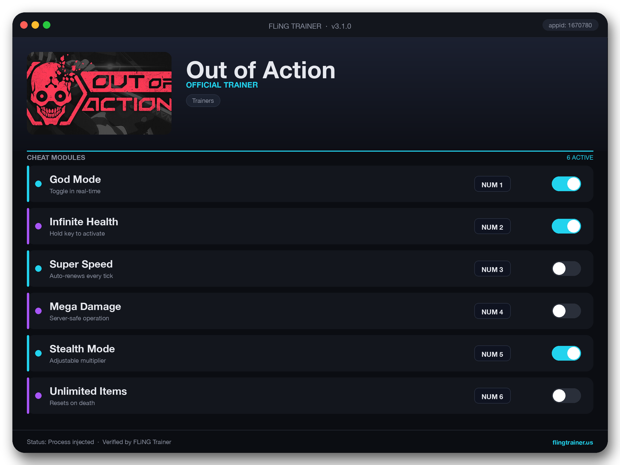 Out of Action Trainer interface