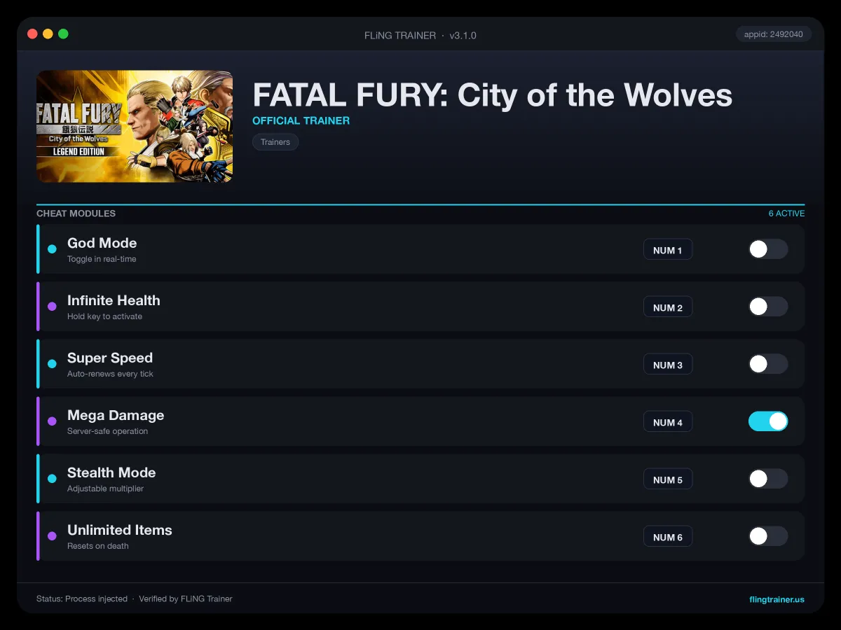 FATAL FURY: City of the Wolves Trainer interface