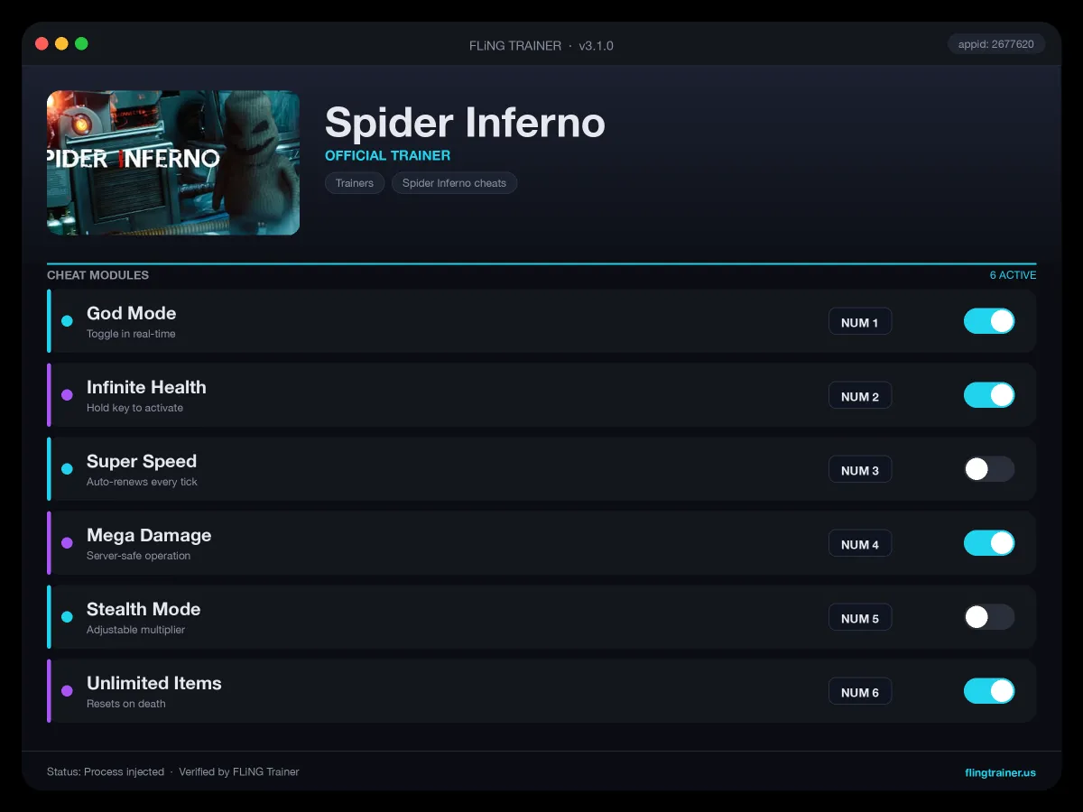 Spider Inferno Trainer interface