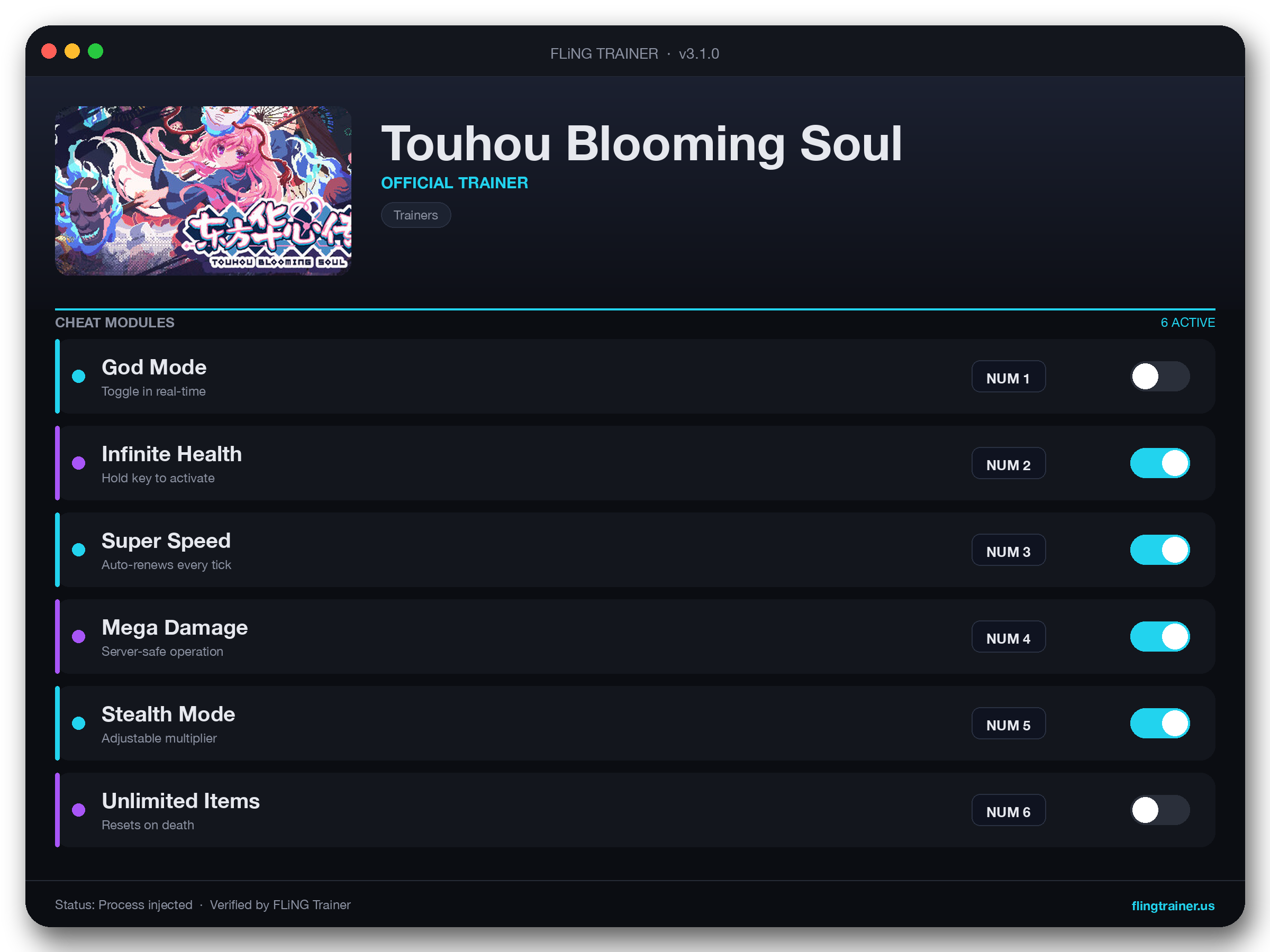Touhou Blooming Soul Trainer interface