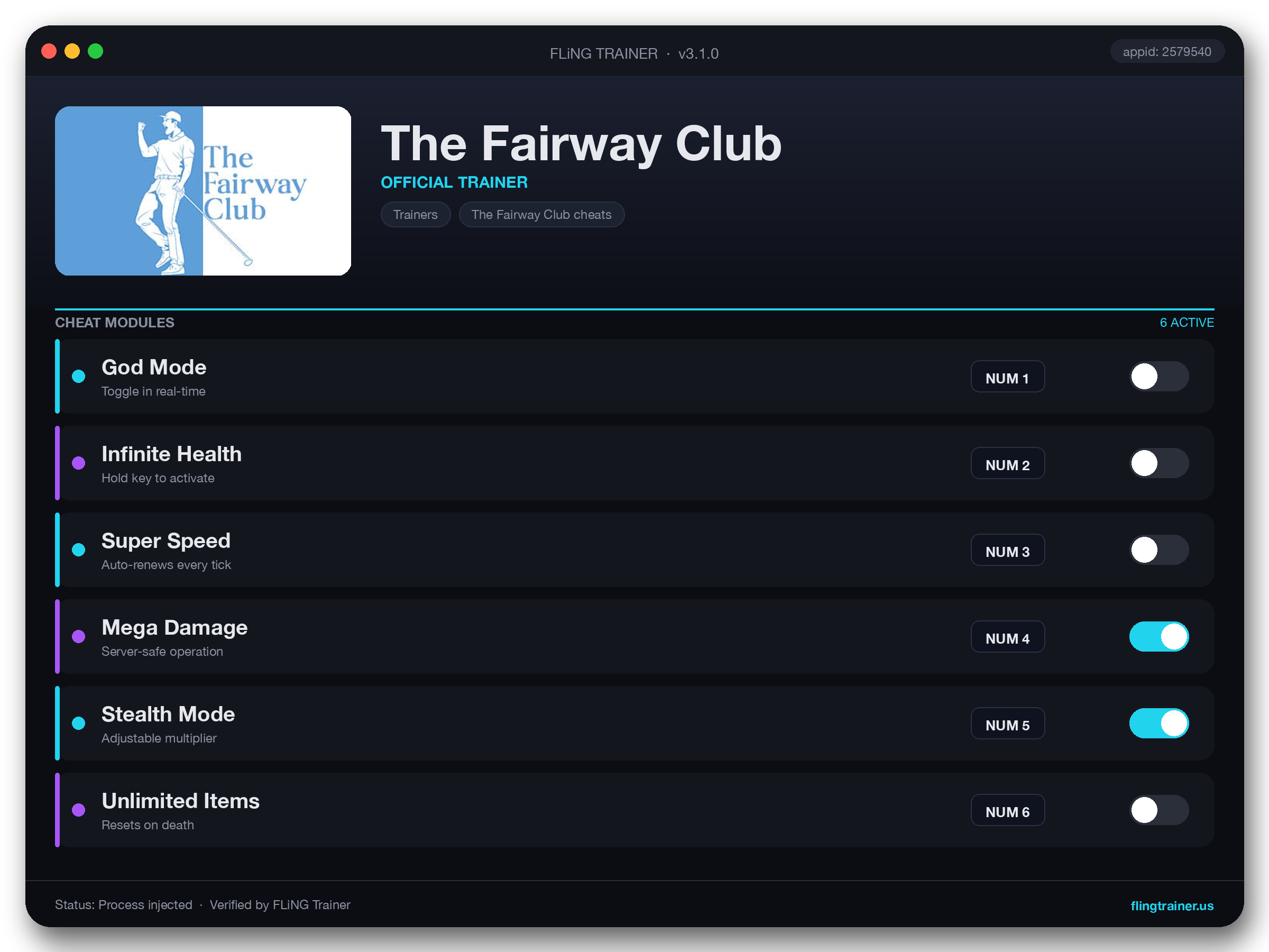 The Fairway Club Trainer interface