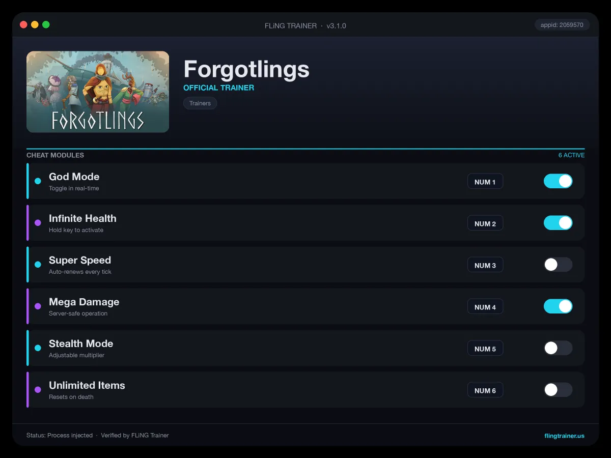 Forgotlings Trainer interface