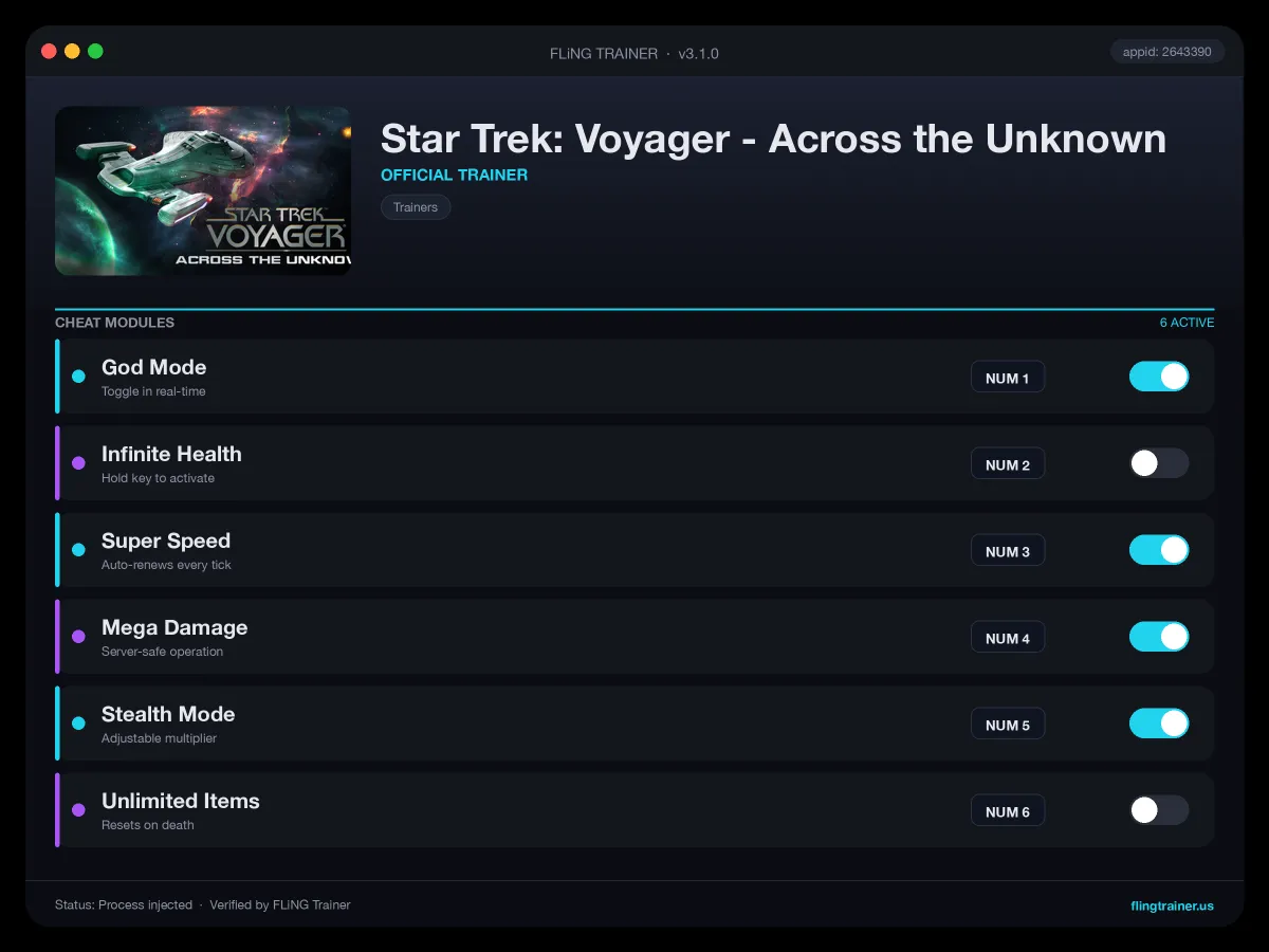 Star Trek: Voyager - Across the Unknown Trainer interface